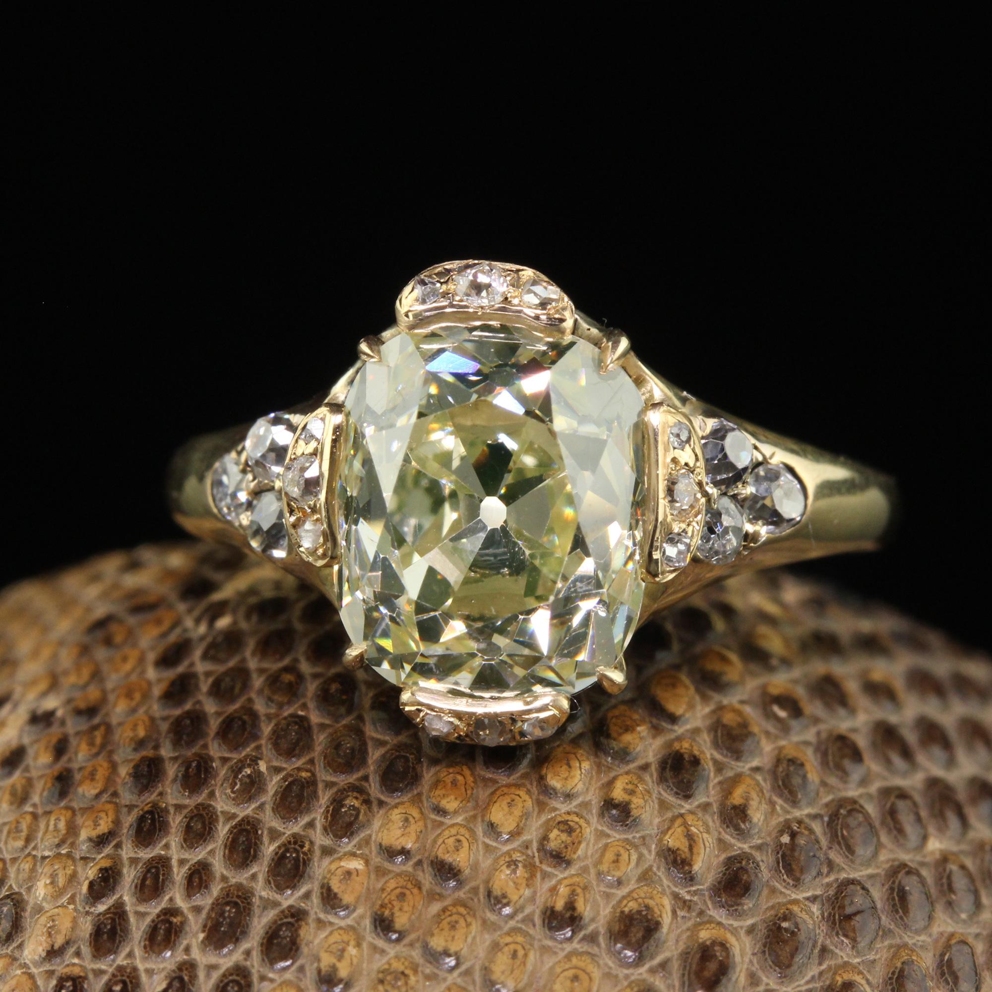 Beautiful Antique Victorian 18K Yellow Gold Old Mine Diamond Engagement Ring - GIA. This incredible Victorian engagement ring is crafted in 18k yellow gold. This ring features a gorgeous chunky old mine cut diamond in the center that has a GIA