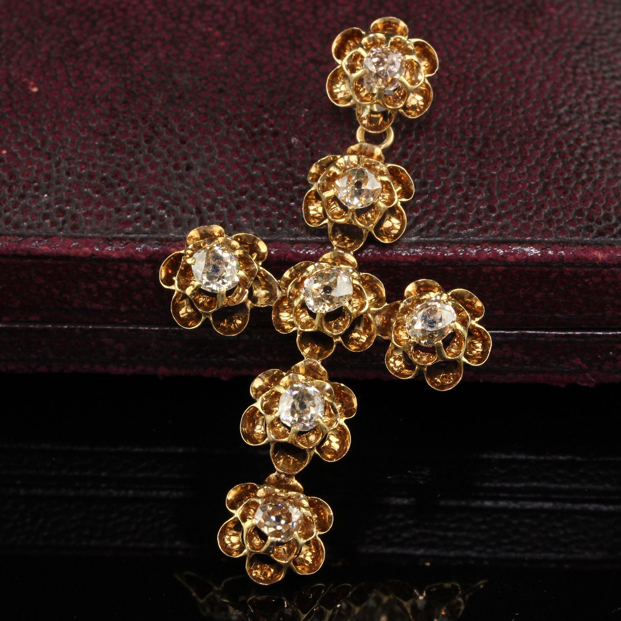 Antique Victorian 18K Yellow Gold Old Mine Diamond Floral Cross In Good Condition For Sale In Great Neck, NY