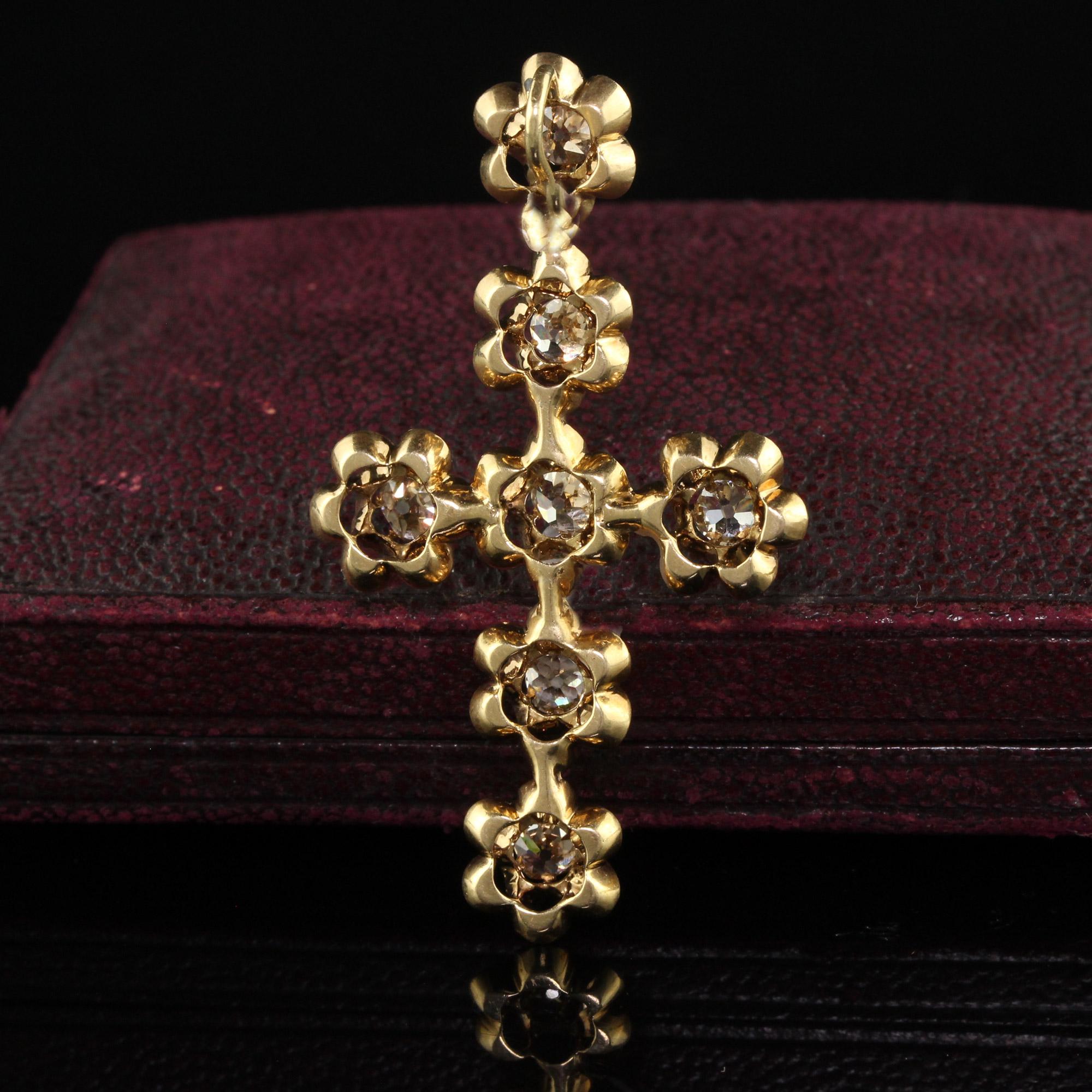 Antique Victorian 18K Yellow Gold Old Mine Diamond Floral Cross For Sale 1