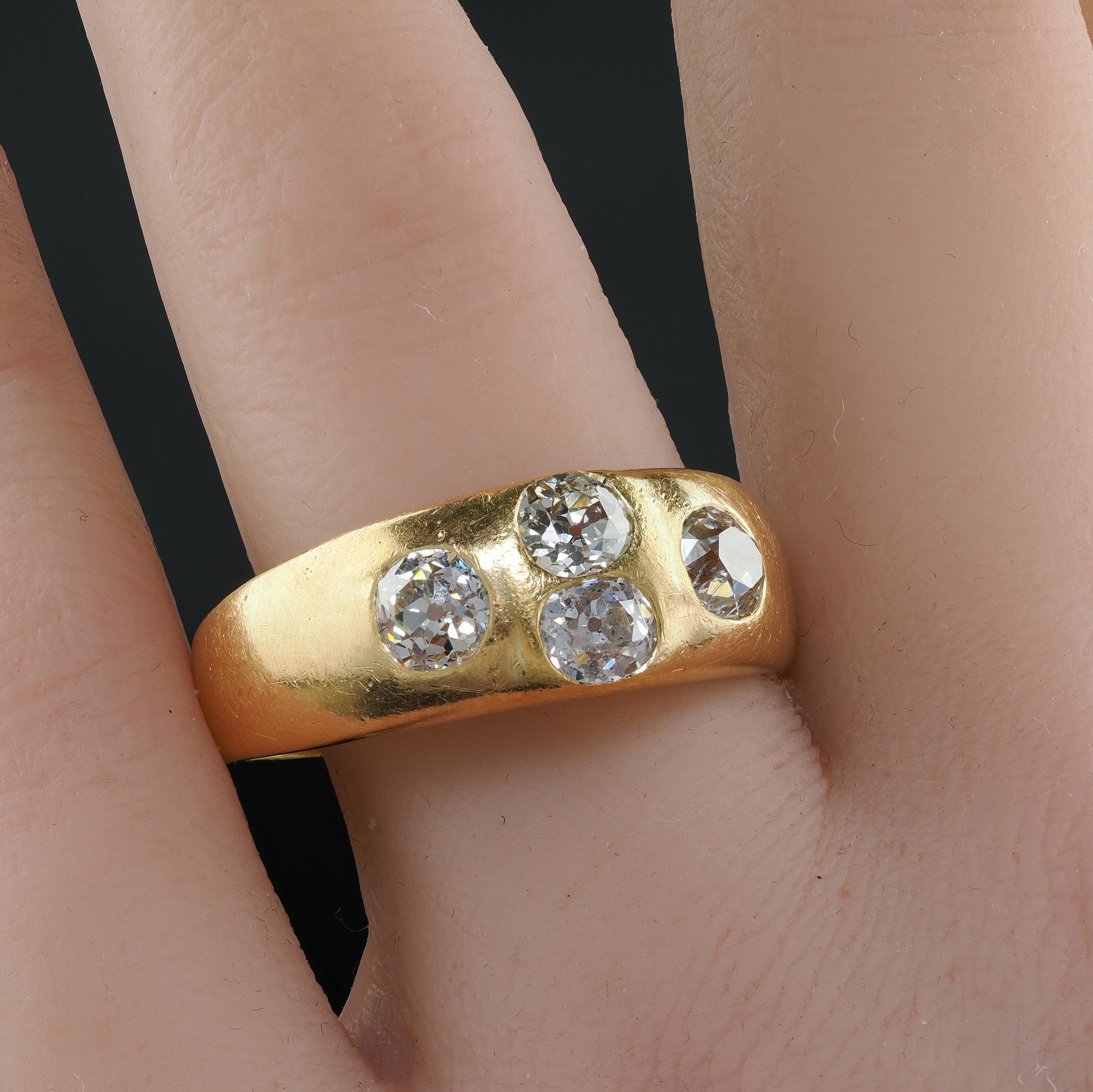 Antique Victorian 18K Yellow Gold Old Mine Diamond Four Stone Flush Set Ring For Sale 5