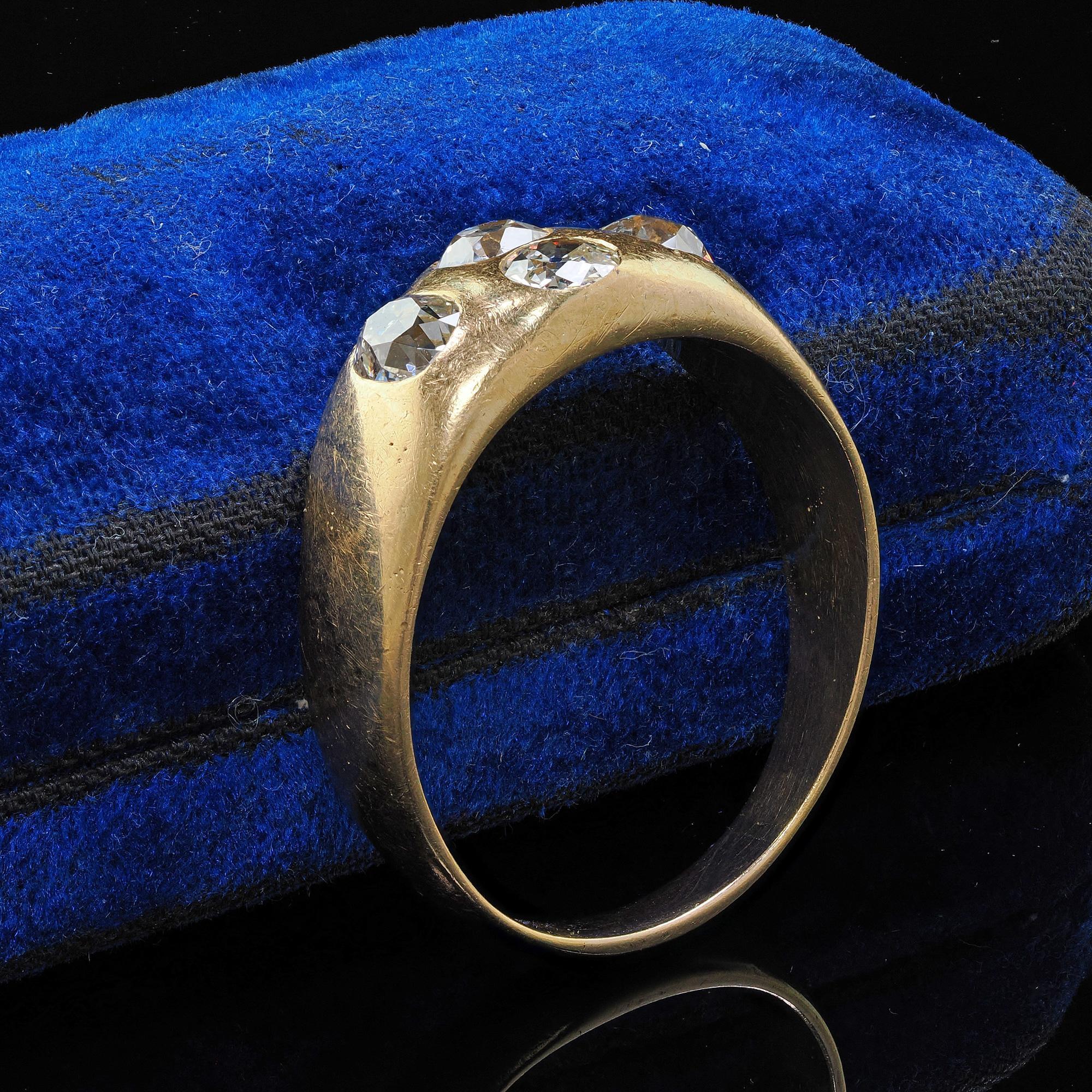 Old Mine Cut Antique Victorian 18K Yellow Gold Old Mine Diamond Four Stone Flush Set Ring For Sale
