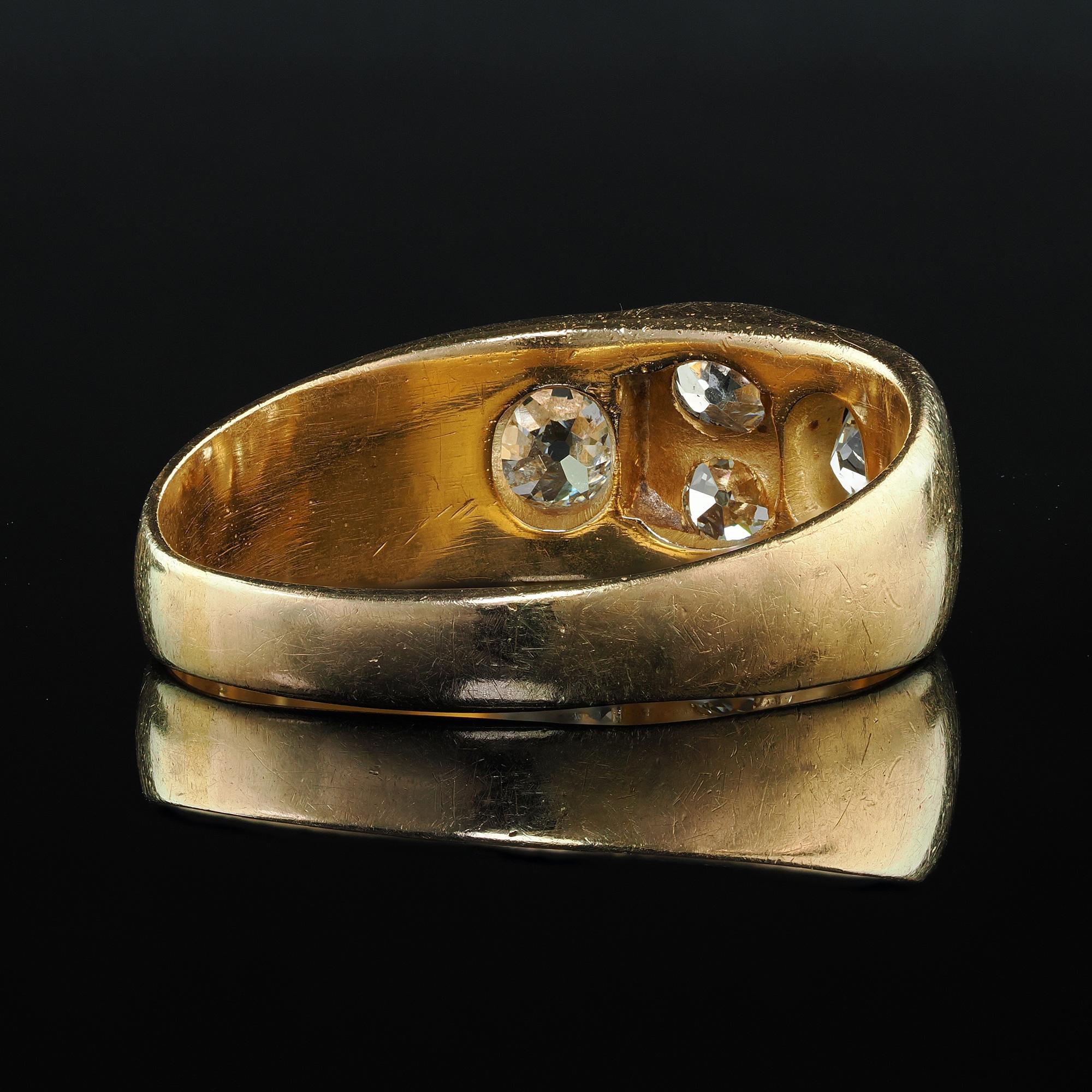 Antique Victorian 18K Yellow Gold Old Mine Diamond Four Stone Flush Set Ring For Sale 3