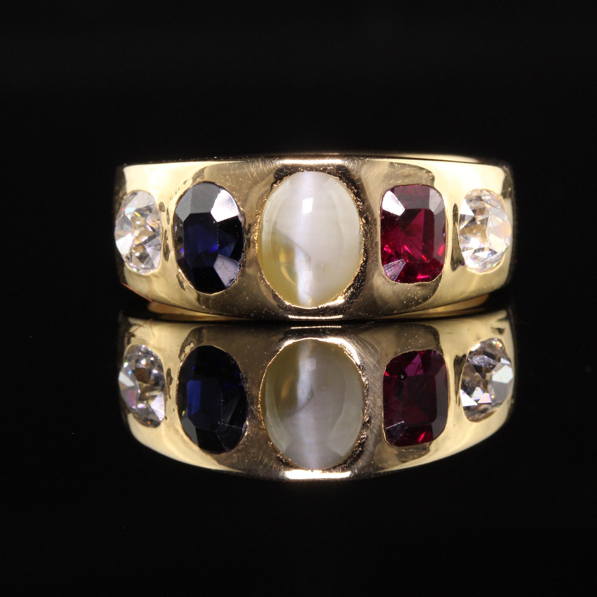 Antique Victorian 18K Yellow Gold Old Mine Diamond Ruby Sapphire Flush Set Ring In Good Condition For Sale In Great Neck, NY