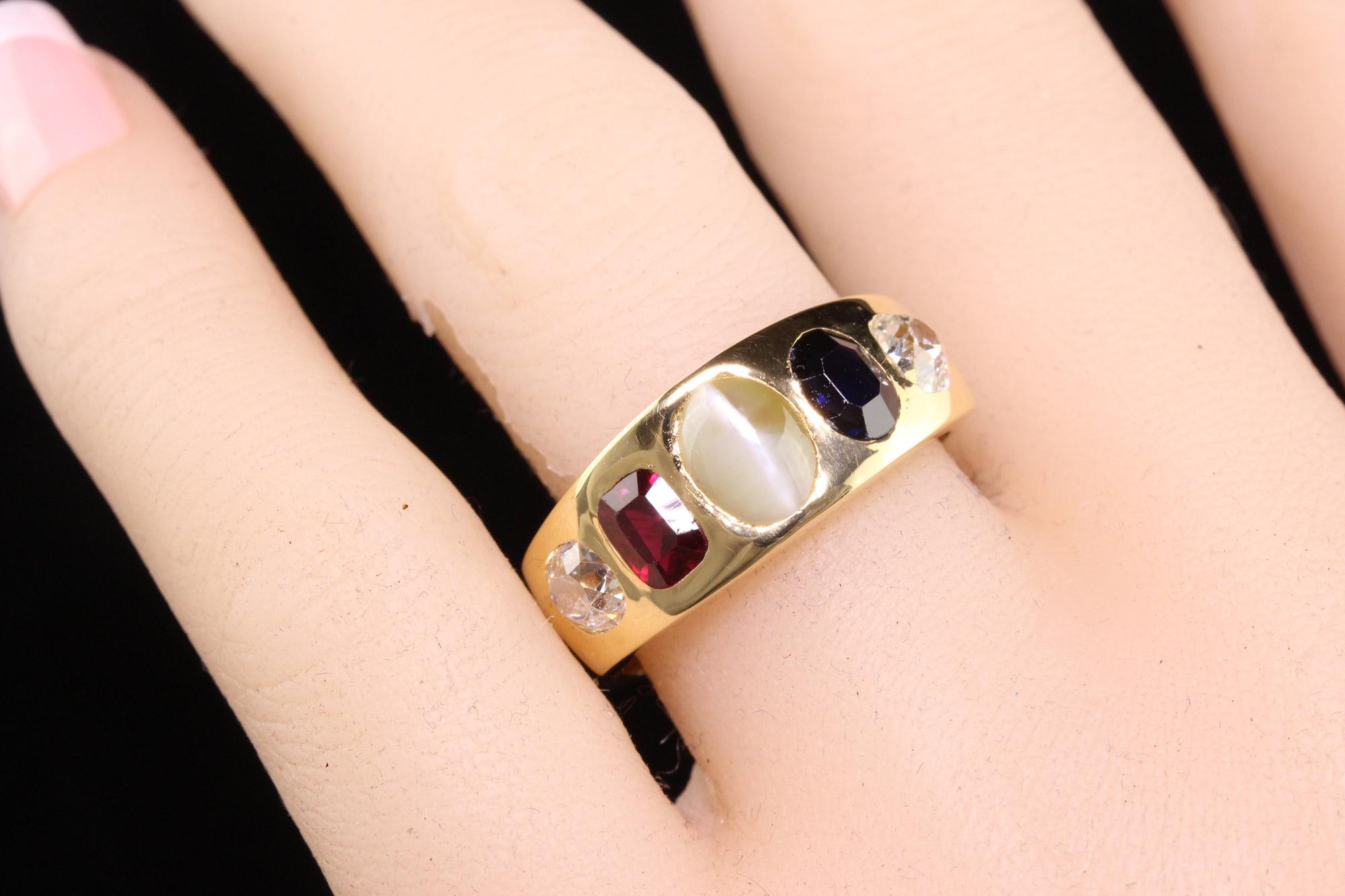 Antique Victorian 18K Yellow Gold Old Mine Diamond Ruby Sapphire Flush Set Ring For Sale 2
