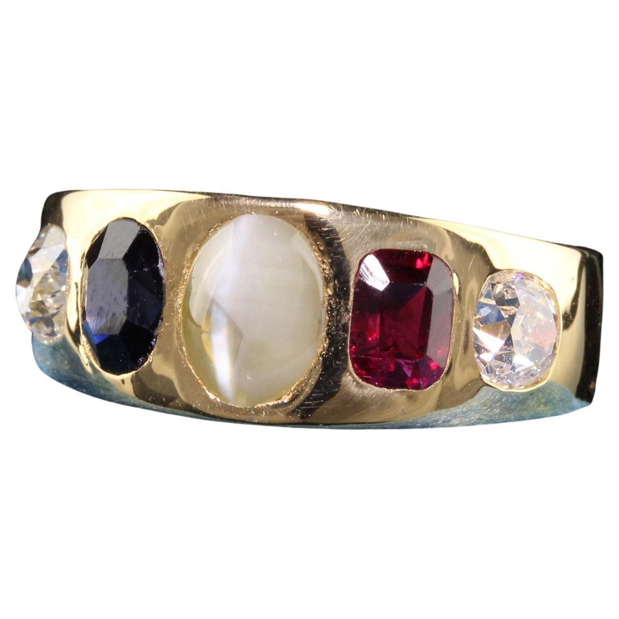 Antique Victorian 18K Yellow Gold Old Mine Diamond Ruby Sapphire Flush Set Ring For Sale