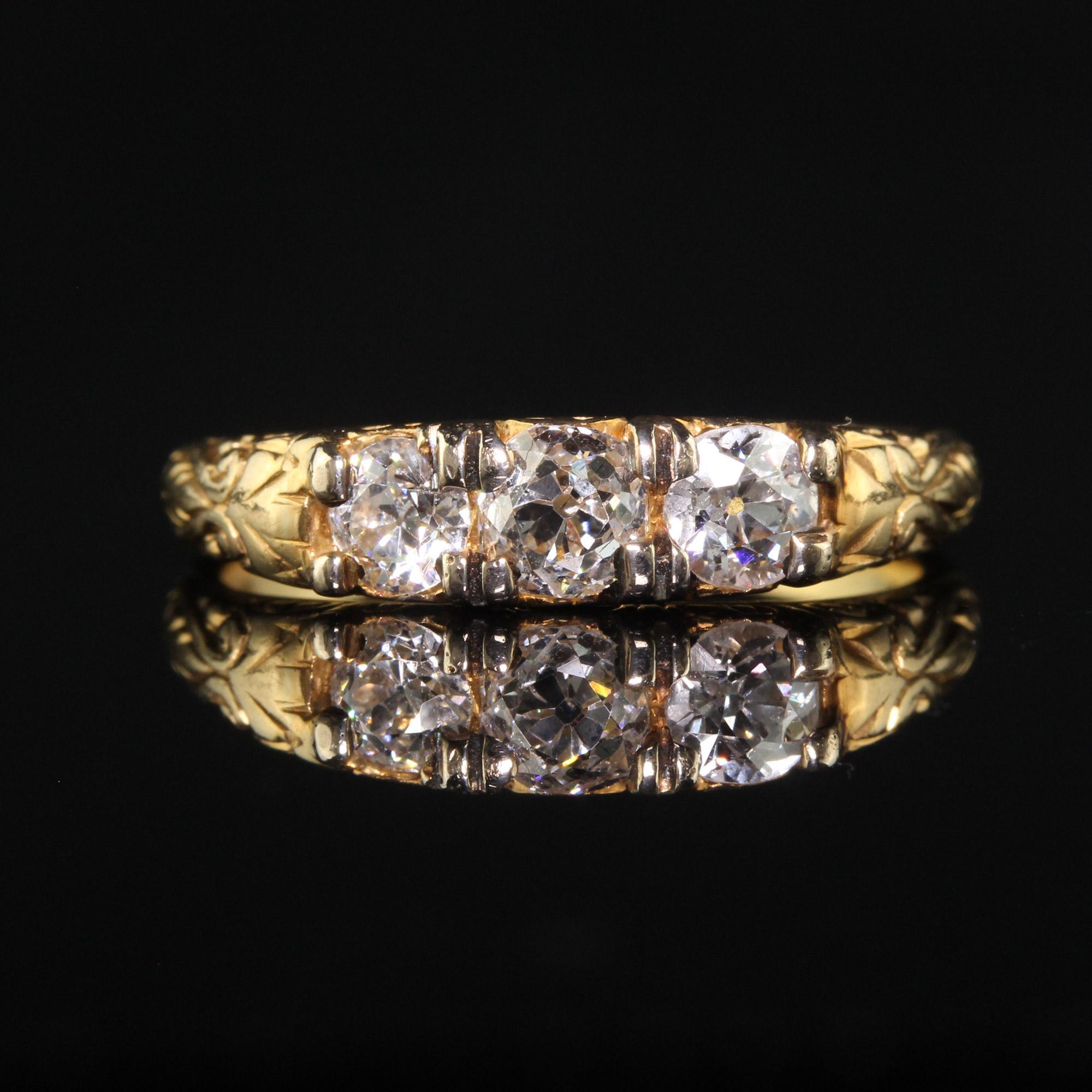 Women's Antique Victorian 18K Yellow Gold Old Mine Diamond Three Stone Wedding Band For Sale