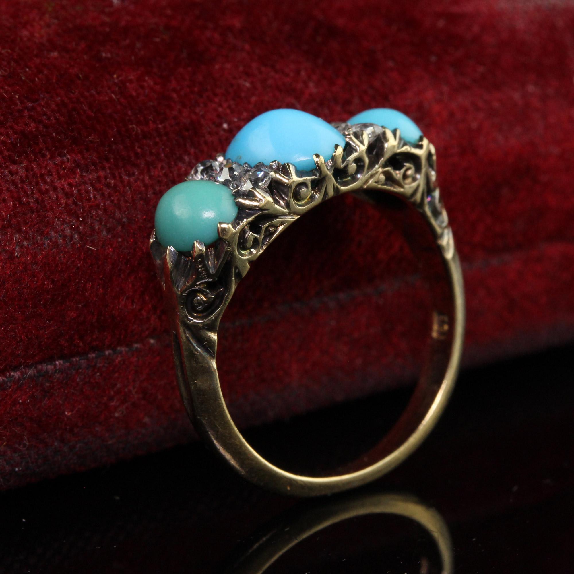 Cabochon Antique Victorian 18K Yellow Gold Old Mine Diamond Turquoise Three Stone Ring