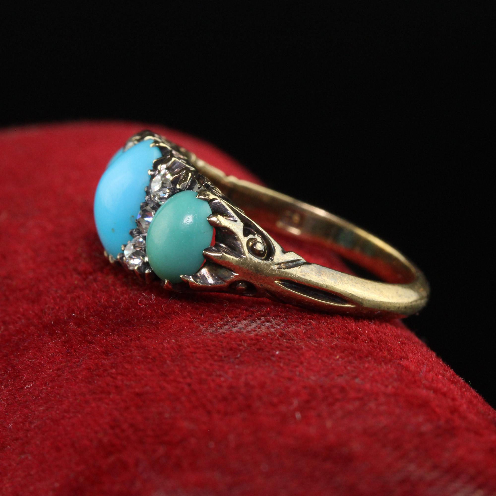 Women's Antique Victorian 18K Yellow Gold Old Mine Diamond Turquoise Three Stone Ring