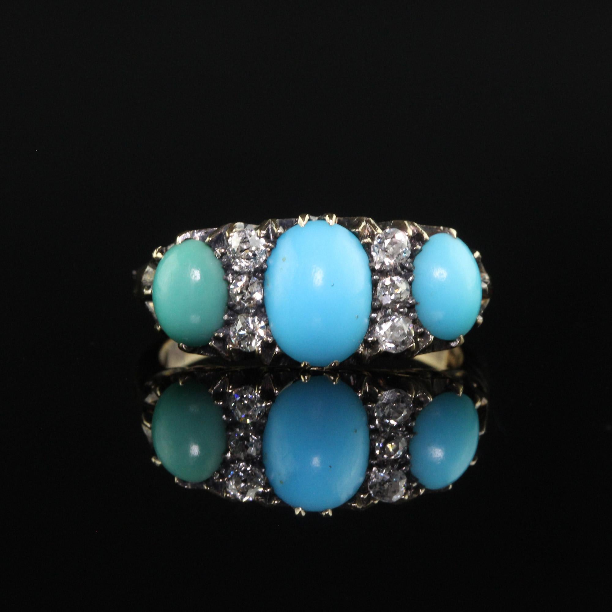Antique Victorian 18K Yellow Gold Old Mine Diamond Turquoise Three Stone Ring 1