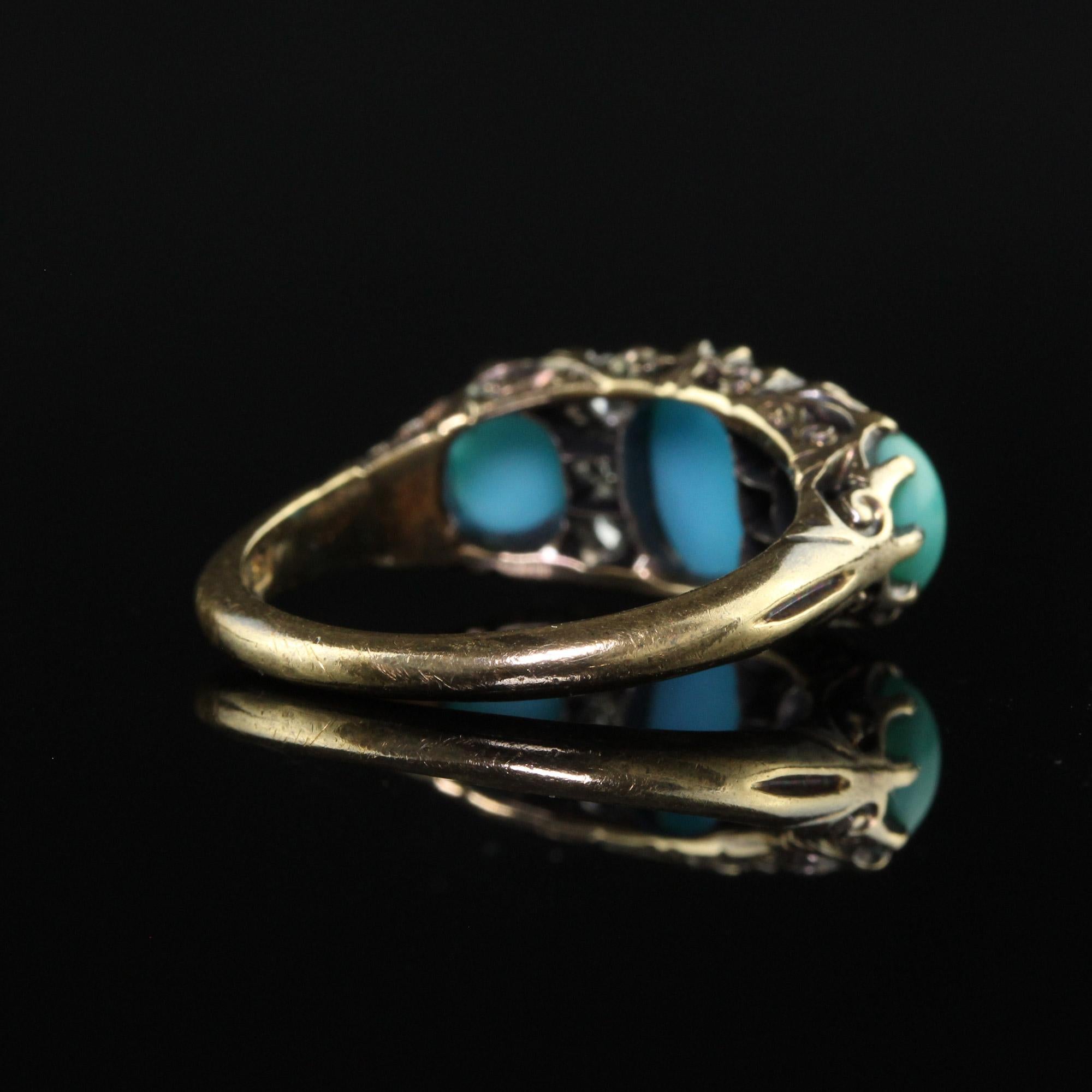 Antique Victorian 18K Yellow Gold Old Mine Diamond Turquoise Three Stone Ring 2