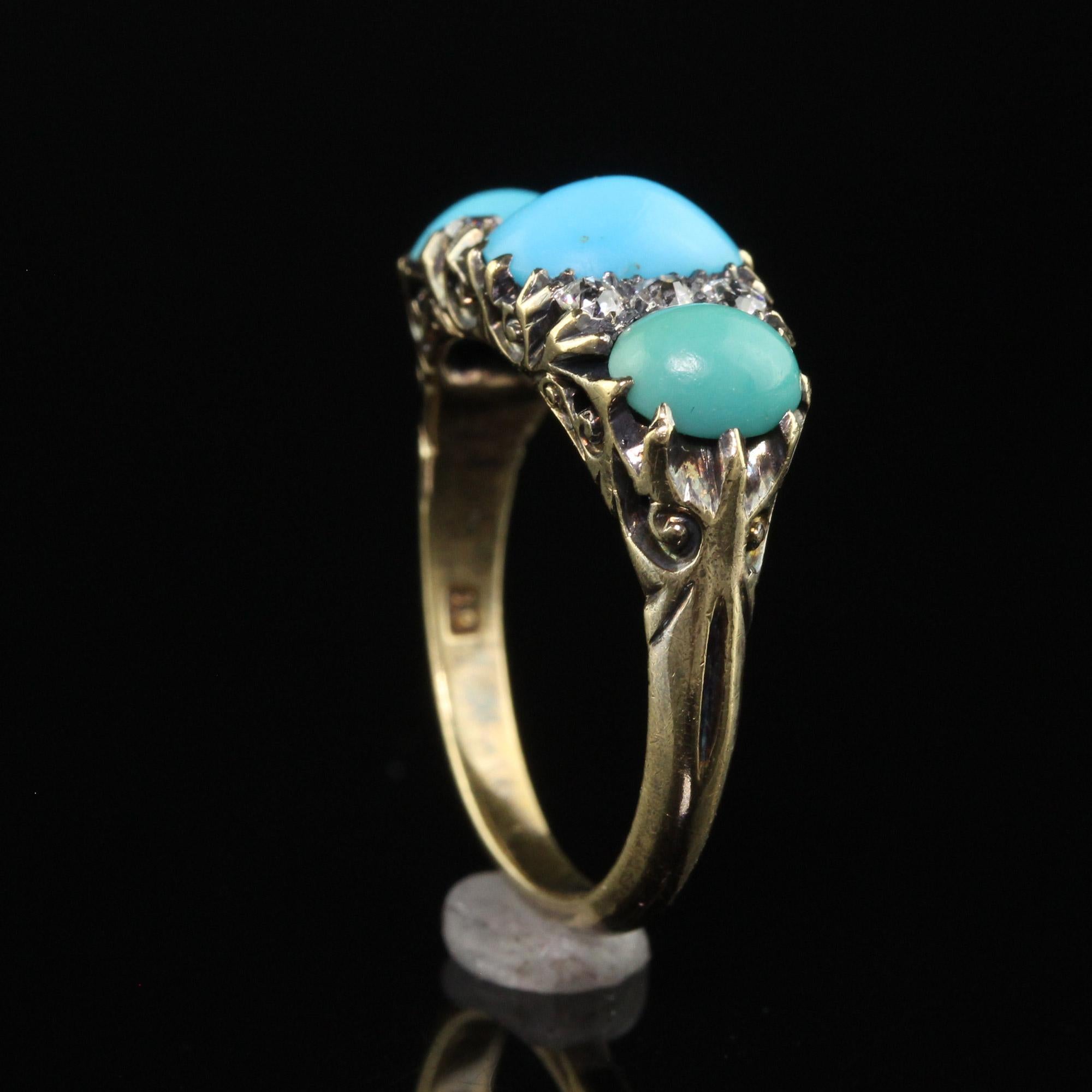 Antique Victorian 18K Yellow Gold Old Mine Diamond Turquoise Three Stone Ring 3
