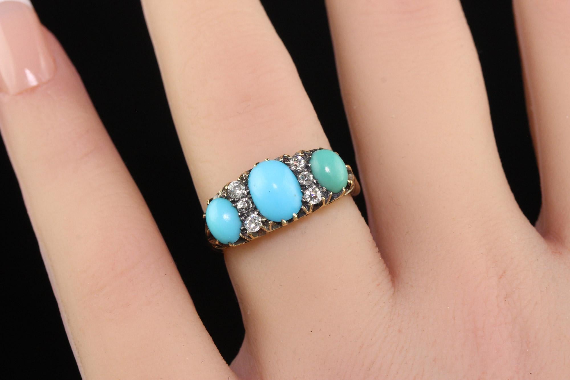 Antique Victorian 18K Yellow Gold Old Mine Diamond Turquoise Three Stone Ring 4