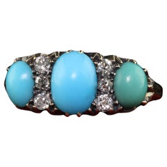 Antique Victorian 18K Yellow Gold Old Mine Diamond Turquoise Three Stone Ring