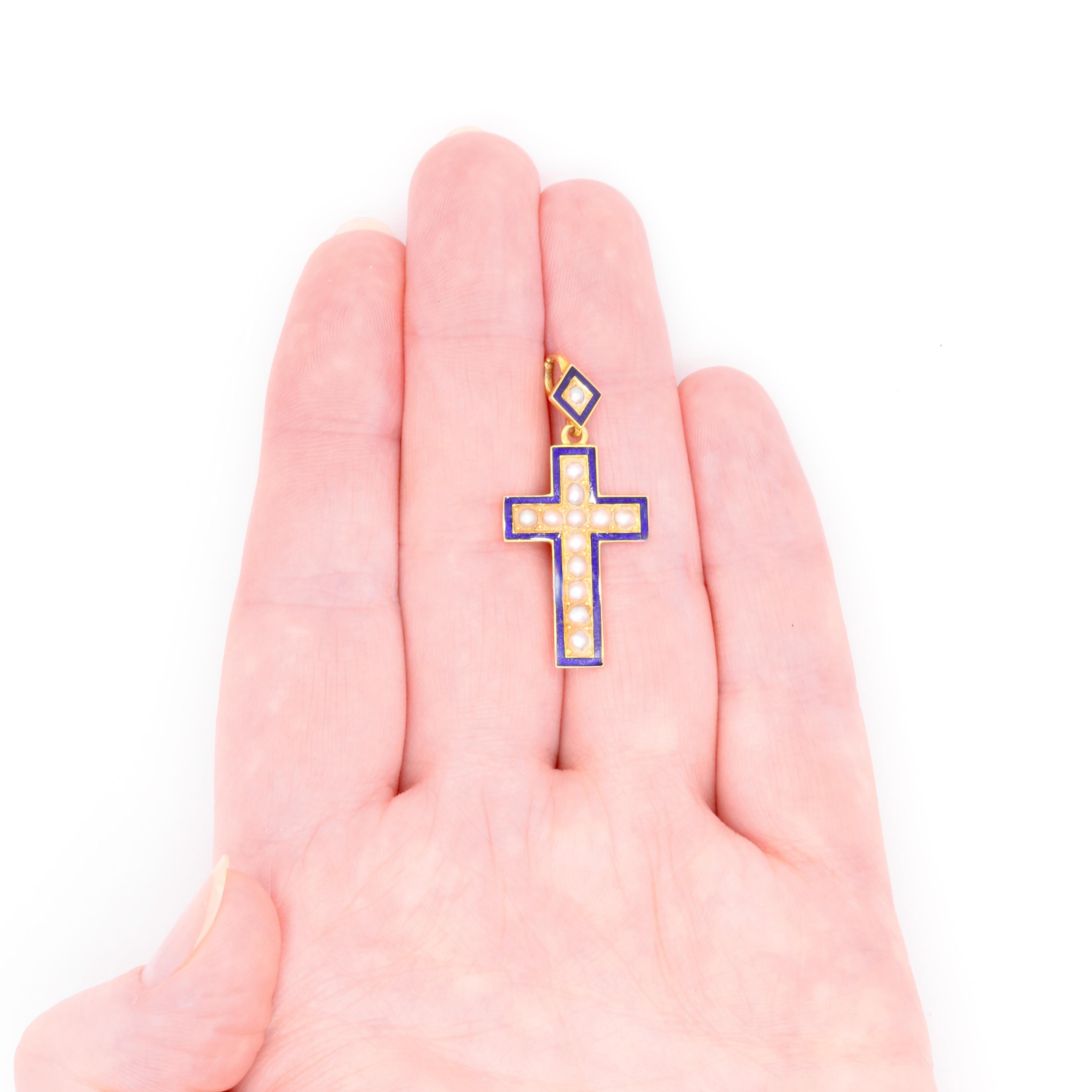 Antique Victorian 18K Yellow Gold Pearl and Blue Enamel Cross Pendant For Sale 5
