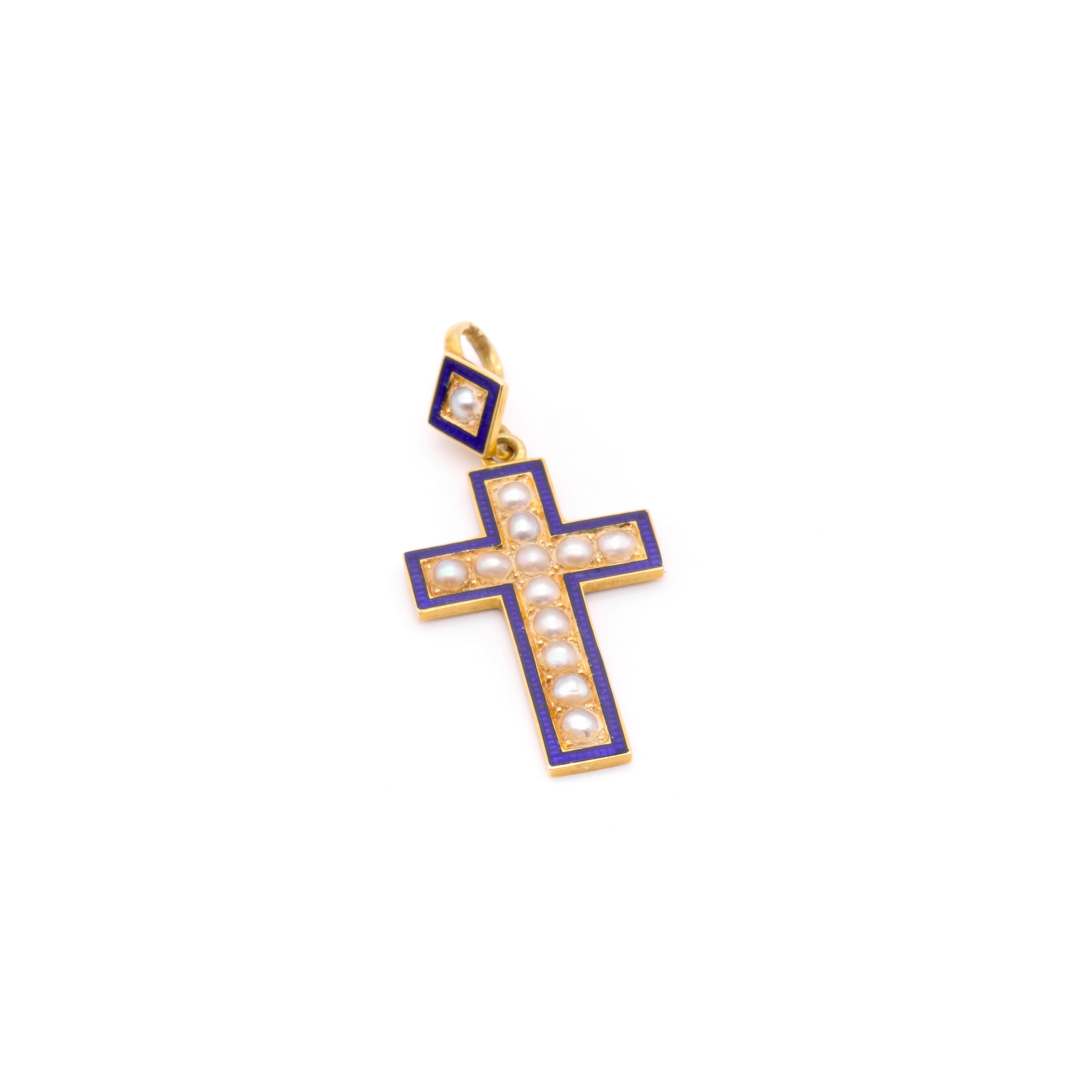 Round Cut Antique Victorian 18K Yellow Gold Pearl and Blue Enamel Cross Pendant For Sale