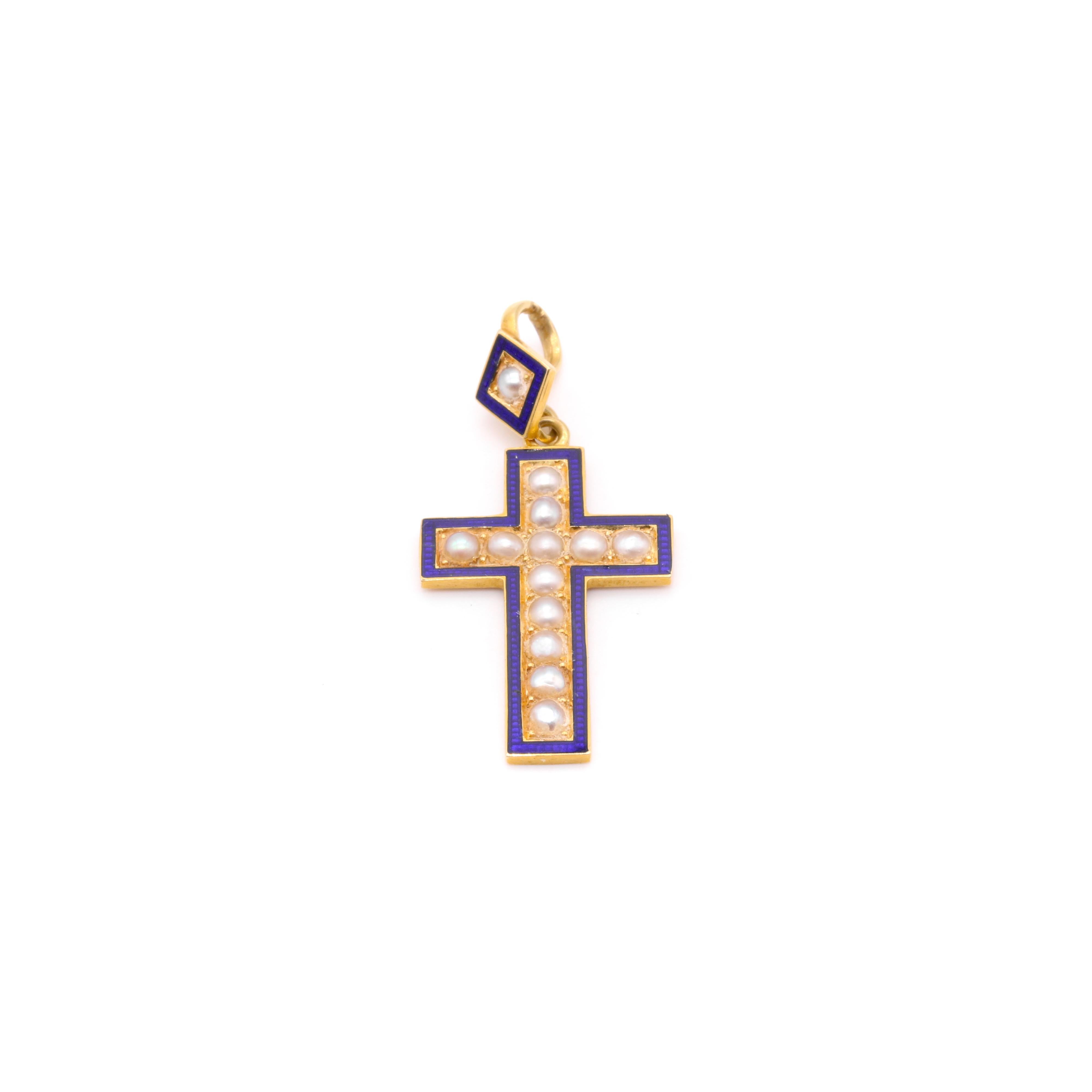 Antique Victorian 18K Yellow Gold Pearl and Blue Enamel Cross Pendant In Good Condition For Sale In Staines-Upon-Thames, GB