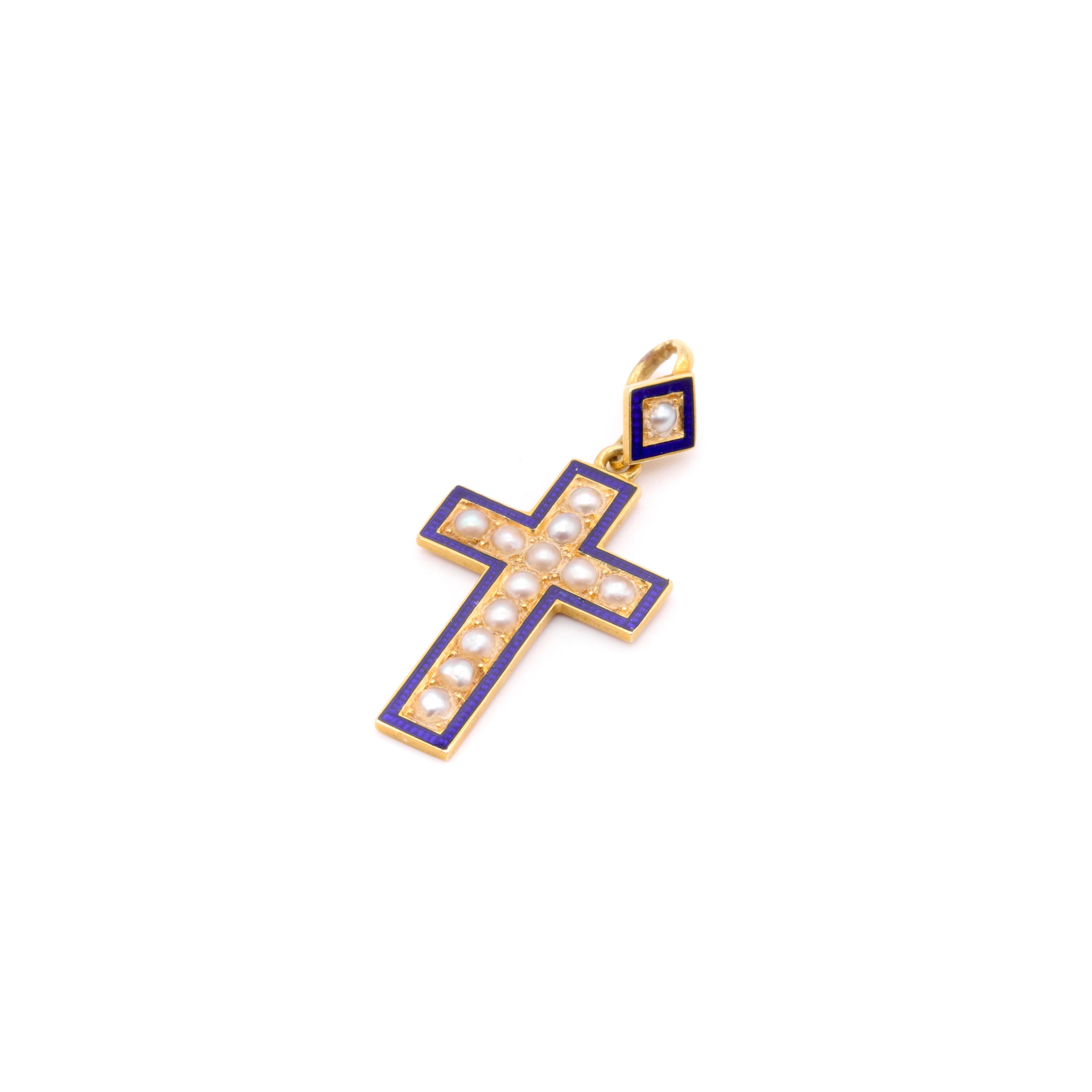 Women's or Men's Antique Victorian 18K Yellow Gold Pearl and Blue Enamel Cross Pendant For Sale