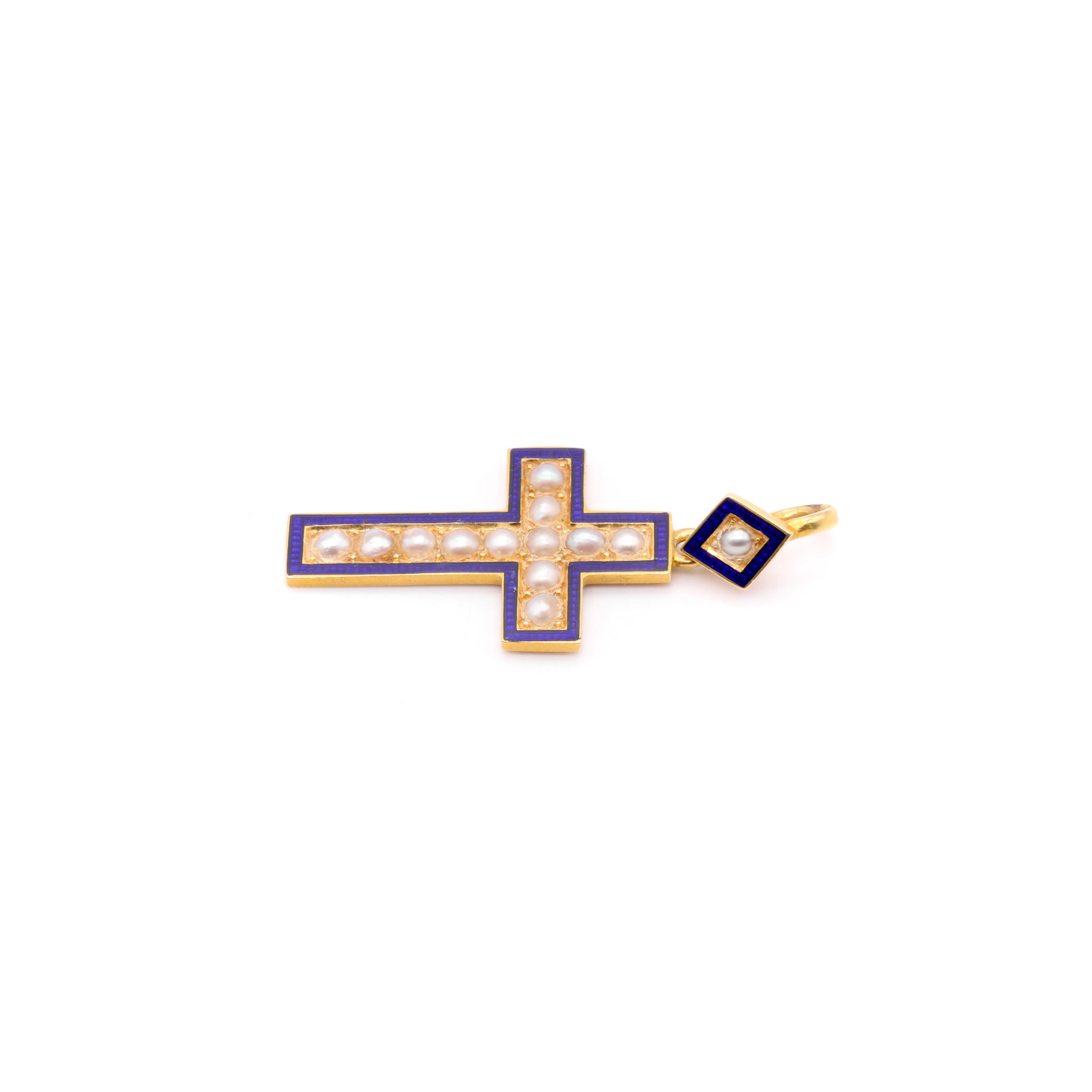 Antique Victorian 18K Yellow Gold Pearl and Blue Enamel Cross Pendant For Sale 1