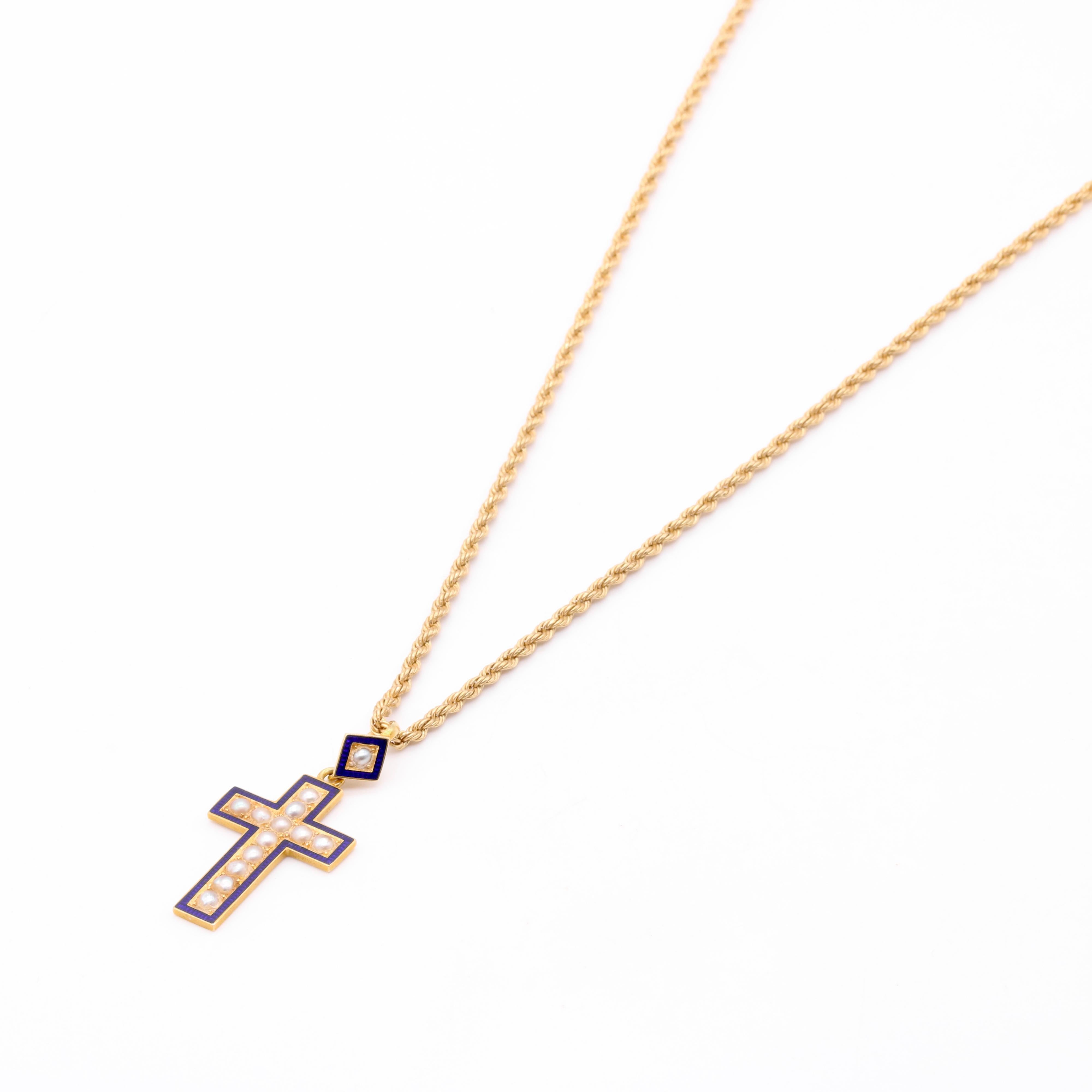 Antique Victorian 18K Yellow Gold Pearl and Blue Enamel Cross Pendant For Sale 3