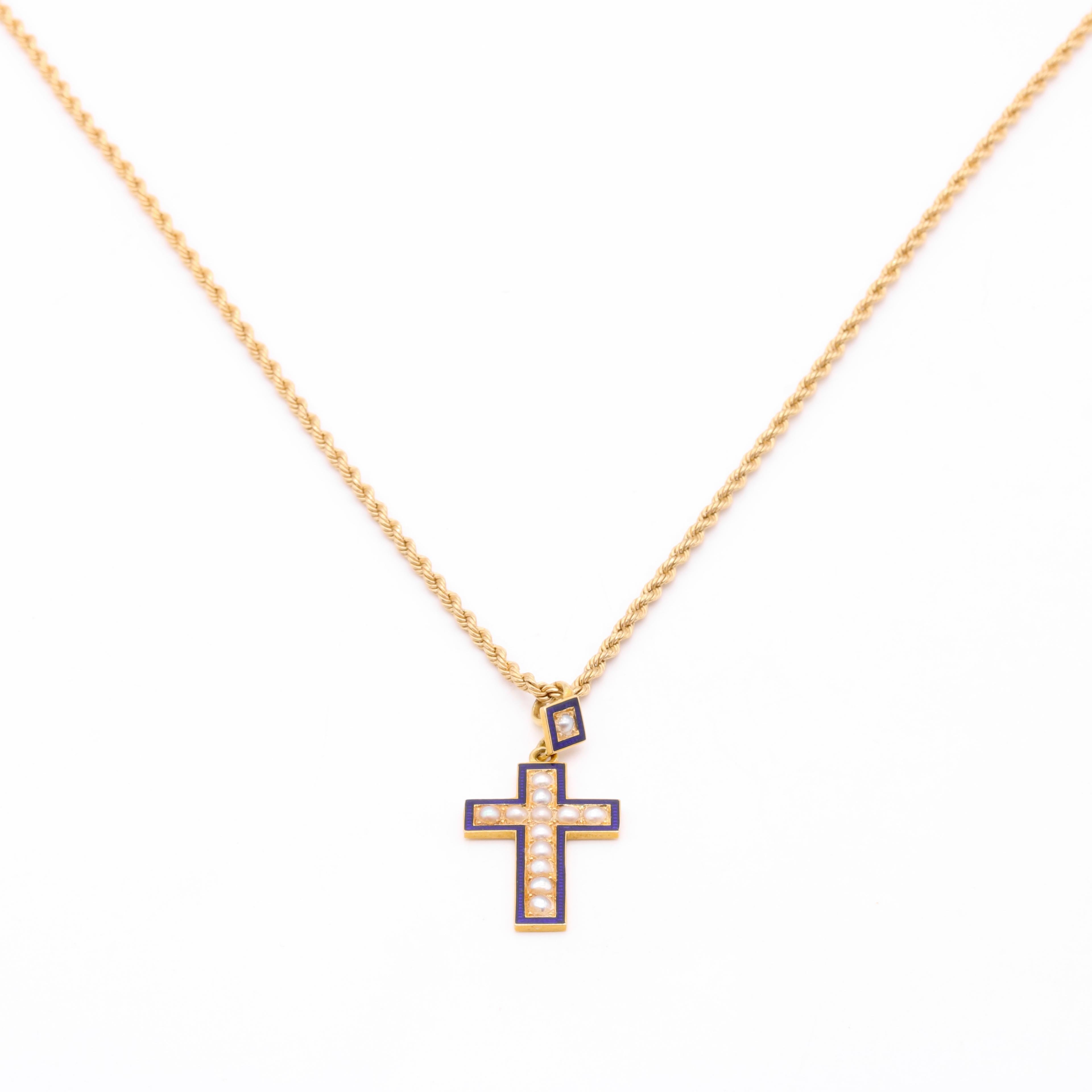 Antique Victorian 18K Yellow Gold Pearl and Blue Enamel Cross Pendant For Sale 4