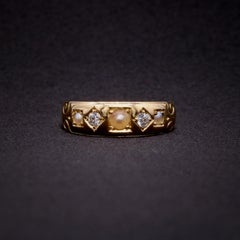 Antique Victorian 18K Yellow Gold Pearl and Diamond Band Ring