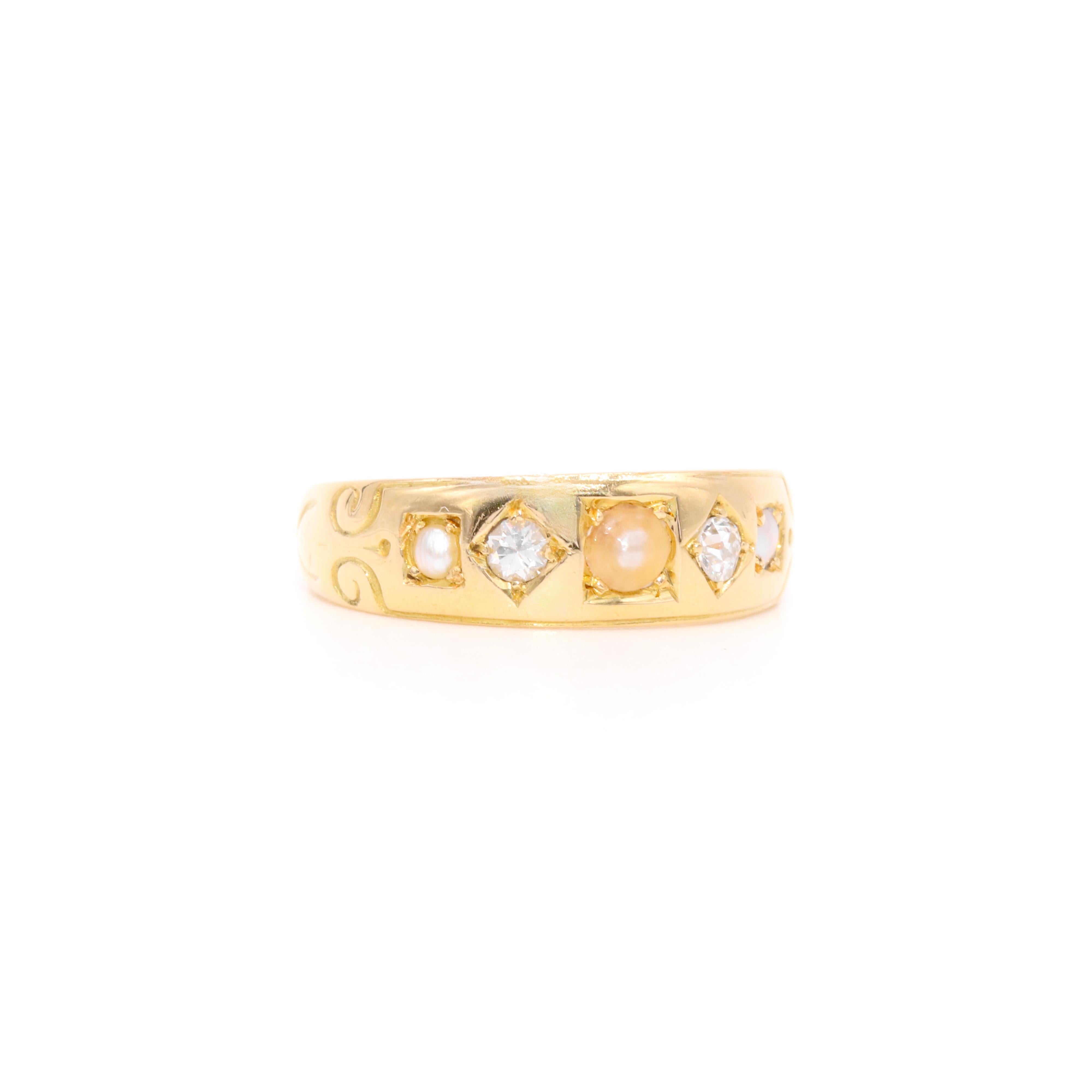 Single Cut Antique Victorian 18K Yellow Gold Pearl and Diamond Band Ring For Sale