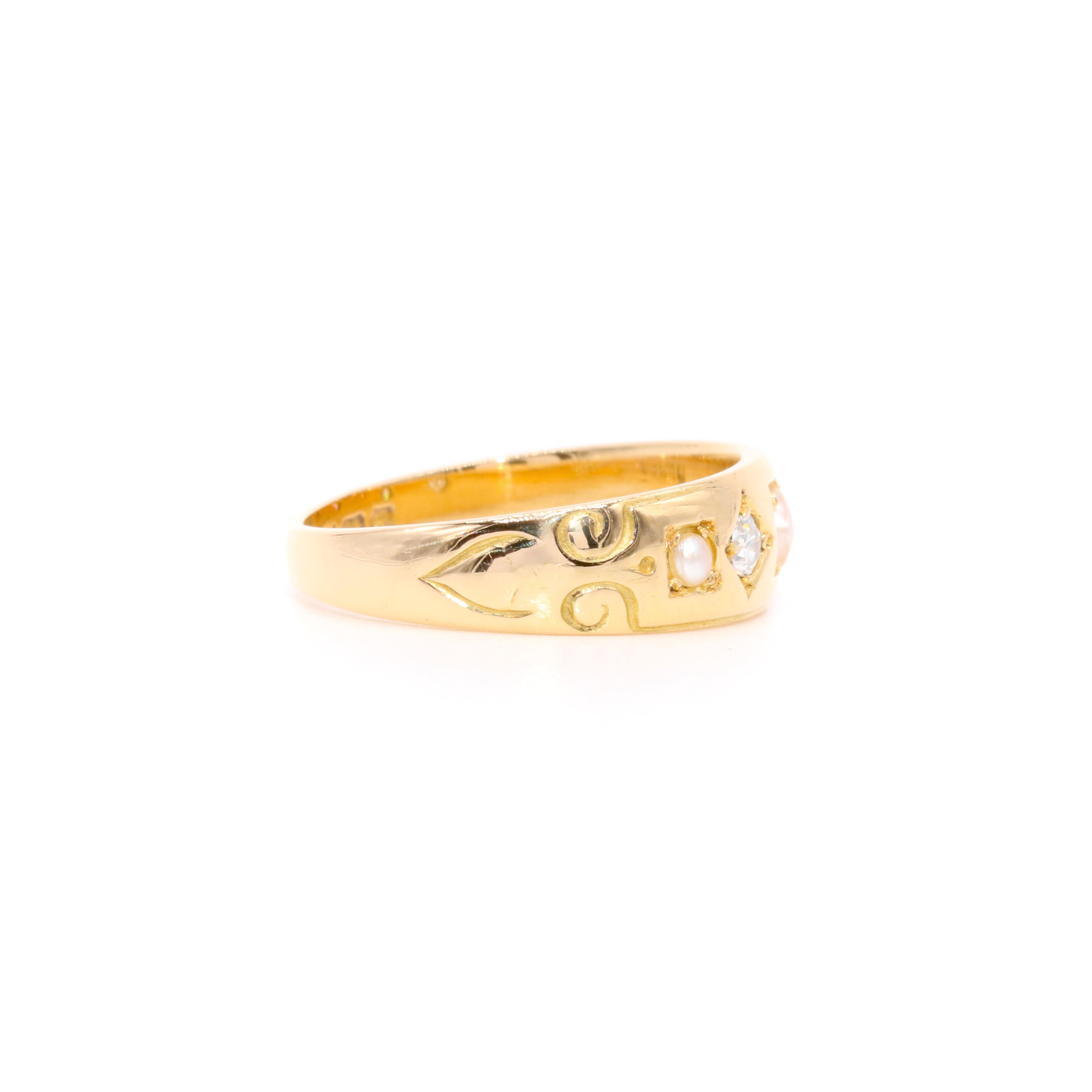 Women's or Men's Antique Victorian 18K Yellow Gold Pearl and Diamond Band Ring For Sale