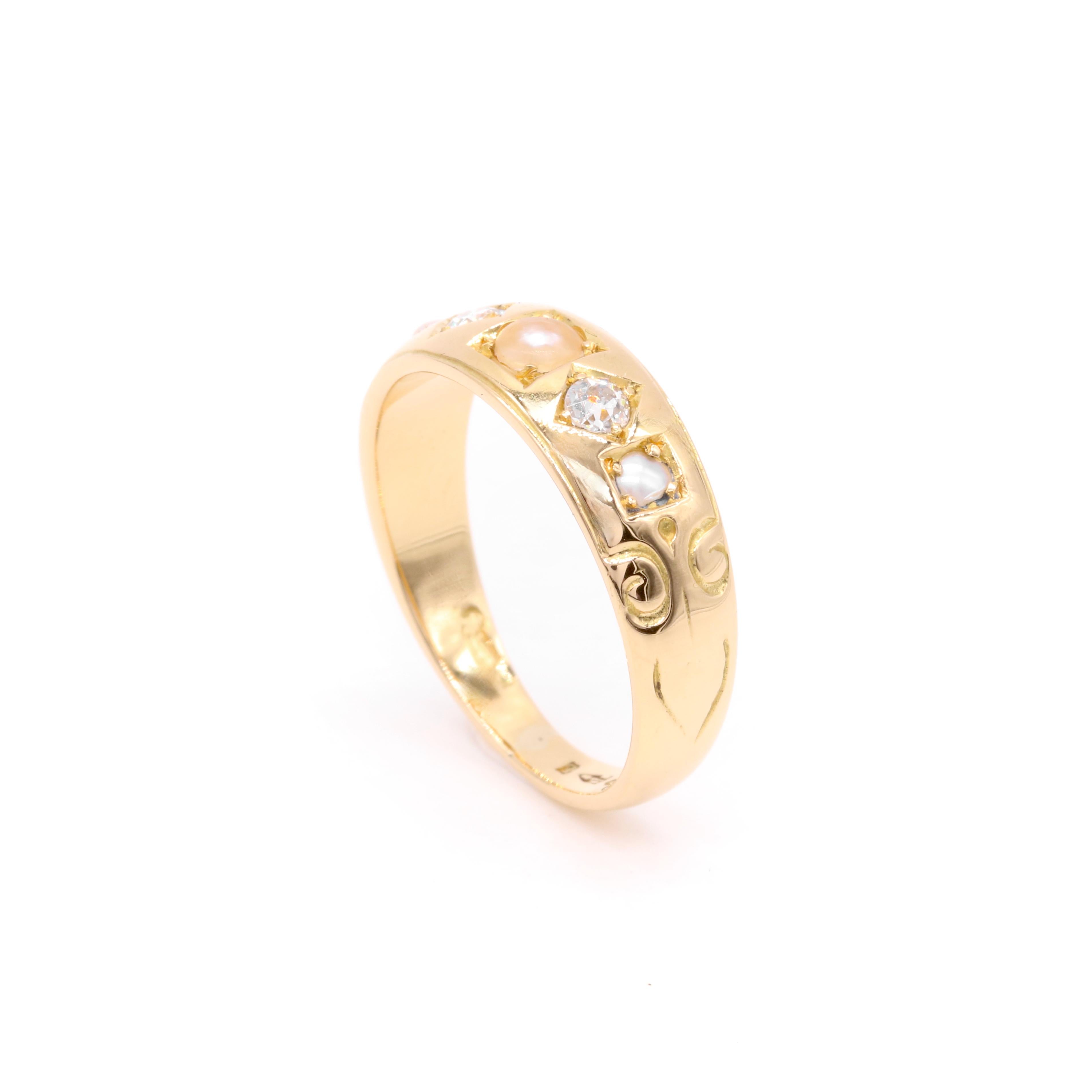 Antique Victorian 18K Yellow Gold Pearl and Diamond Band Ring For Sale 2