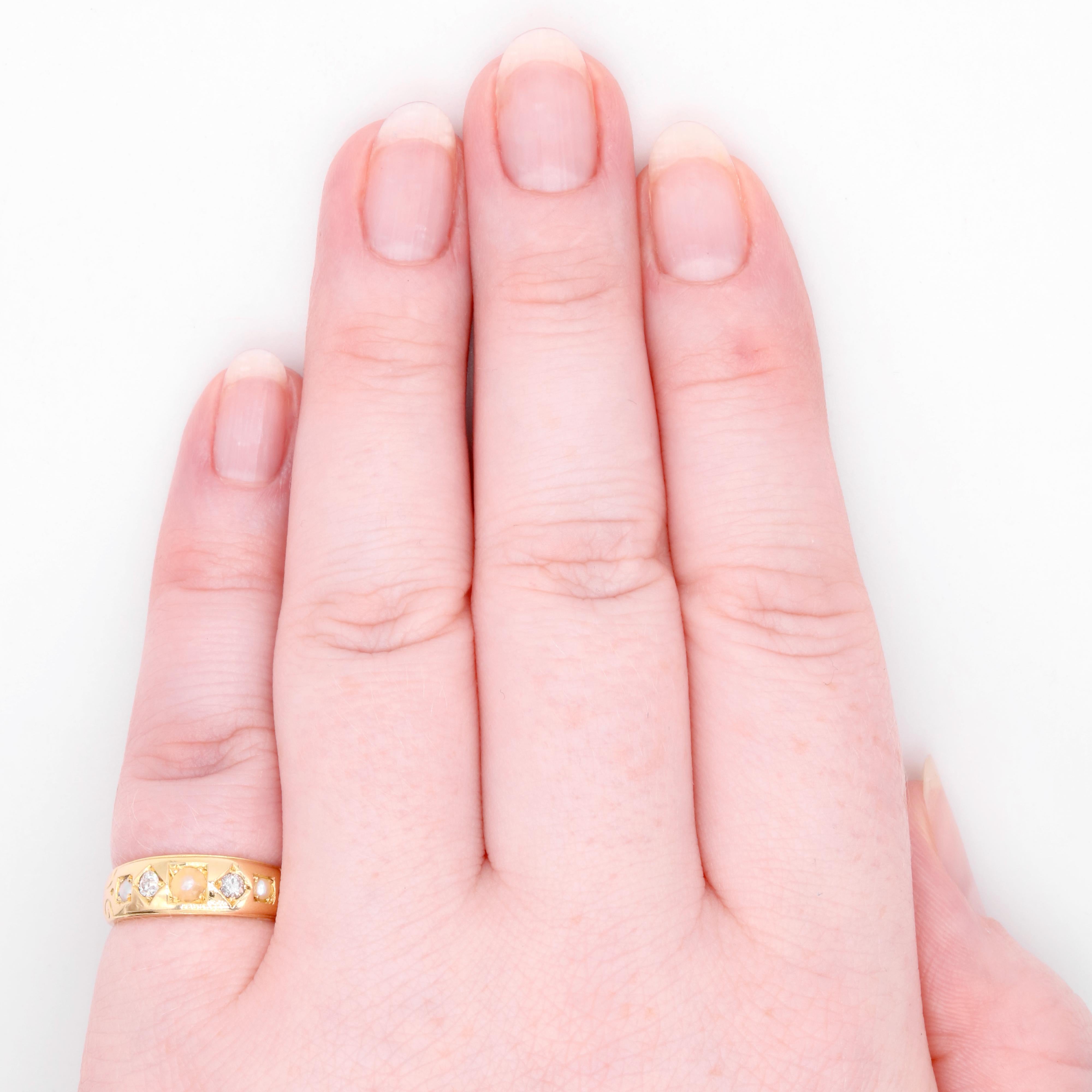 Antique Victorian 18K Yellow Gold Pearl and Diamond Band Ring For Sale 4