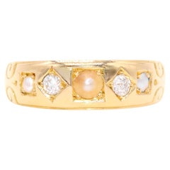 Antique Victorian 18K Yellow Gold Pearl and Diamond Band Ring