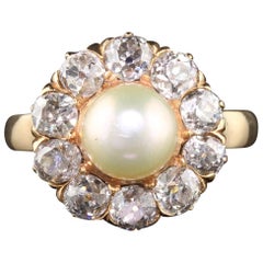 Antique Victorian 18 Karat Yellow Gold Pearl and Diamond Cluster Ring