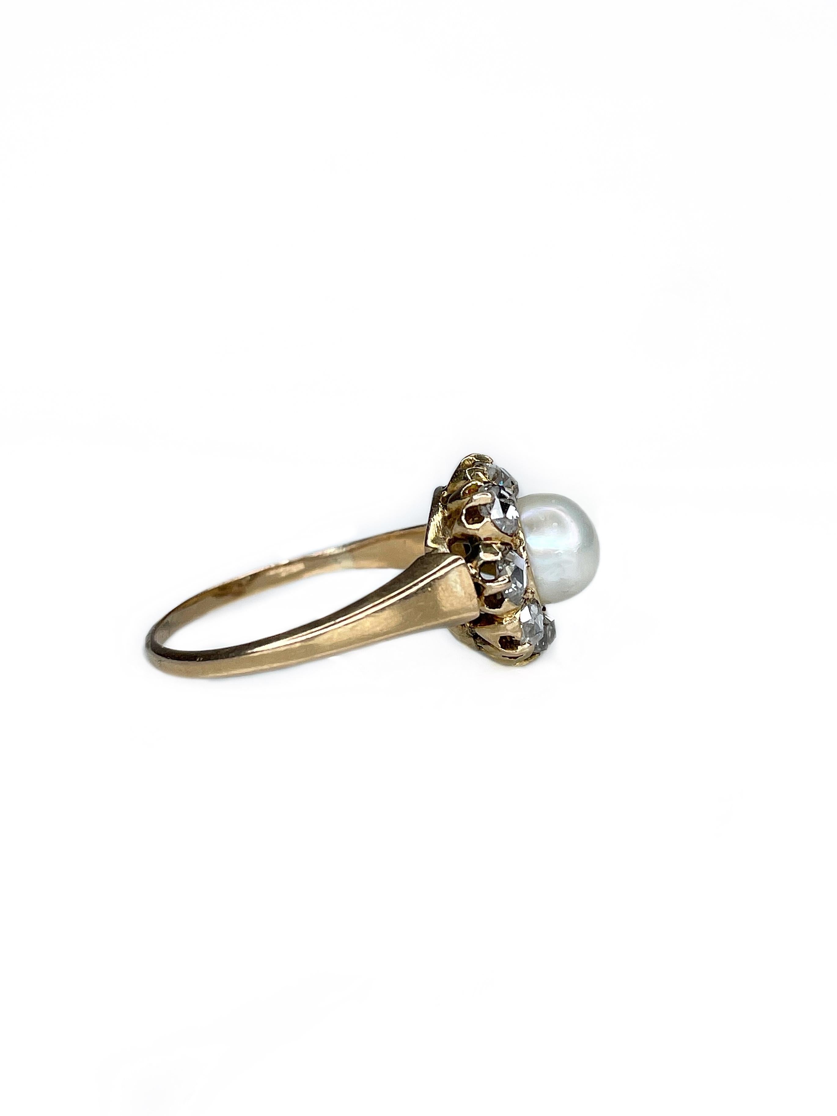 This is a magnificent sparkle antique cluster ring crafted in 18K yellow gold. It features 6mm width cultured pearl and 8 rose cut diamonds (0.40ct, G, VS). 

The piece has a subtle elegant touch and adorable look. 

Weight: 3.46g
Size: 17.25 (US