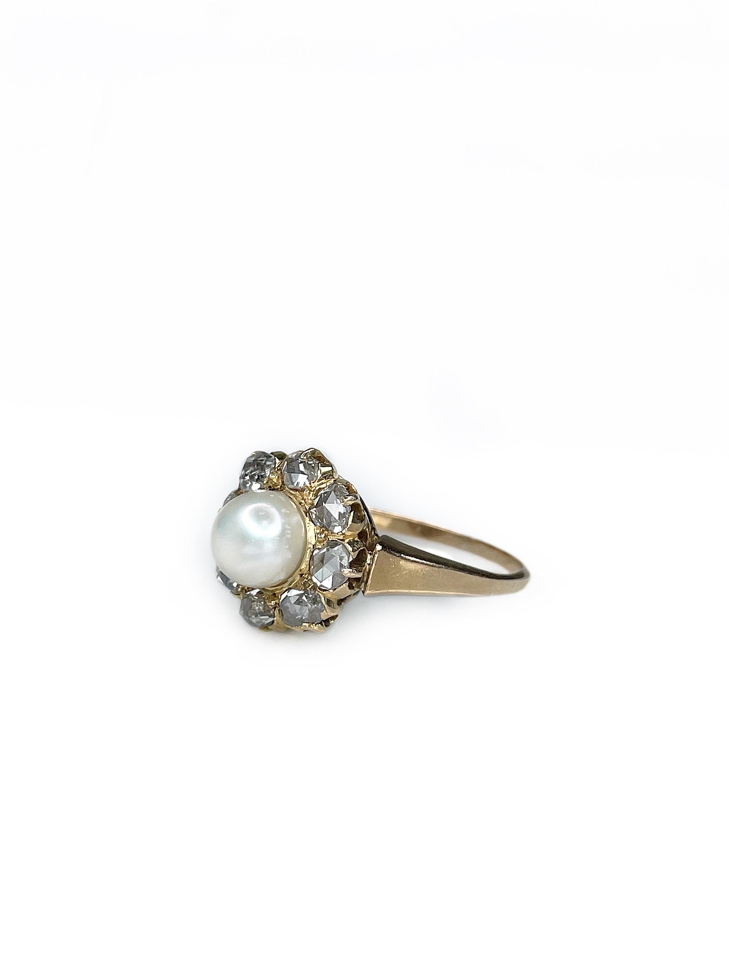 Women's Antique Victorian 18 Karat Gold Pearl 0.40 Carat Rose Cut Diamond Cluster Ring