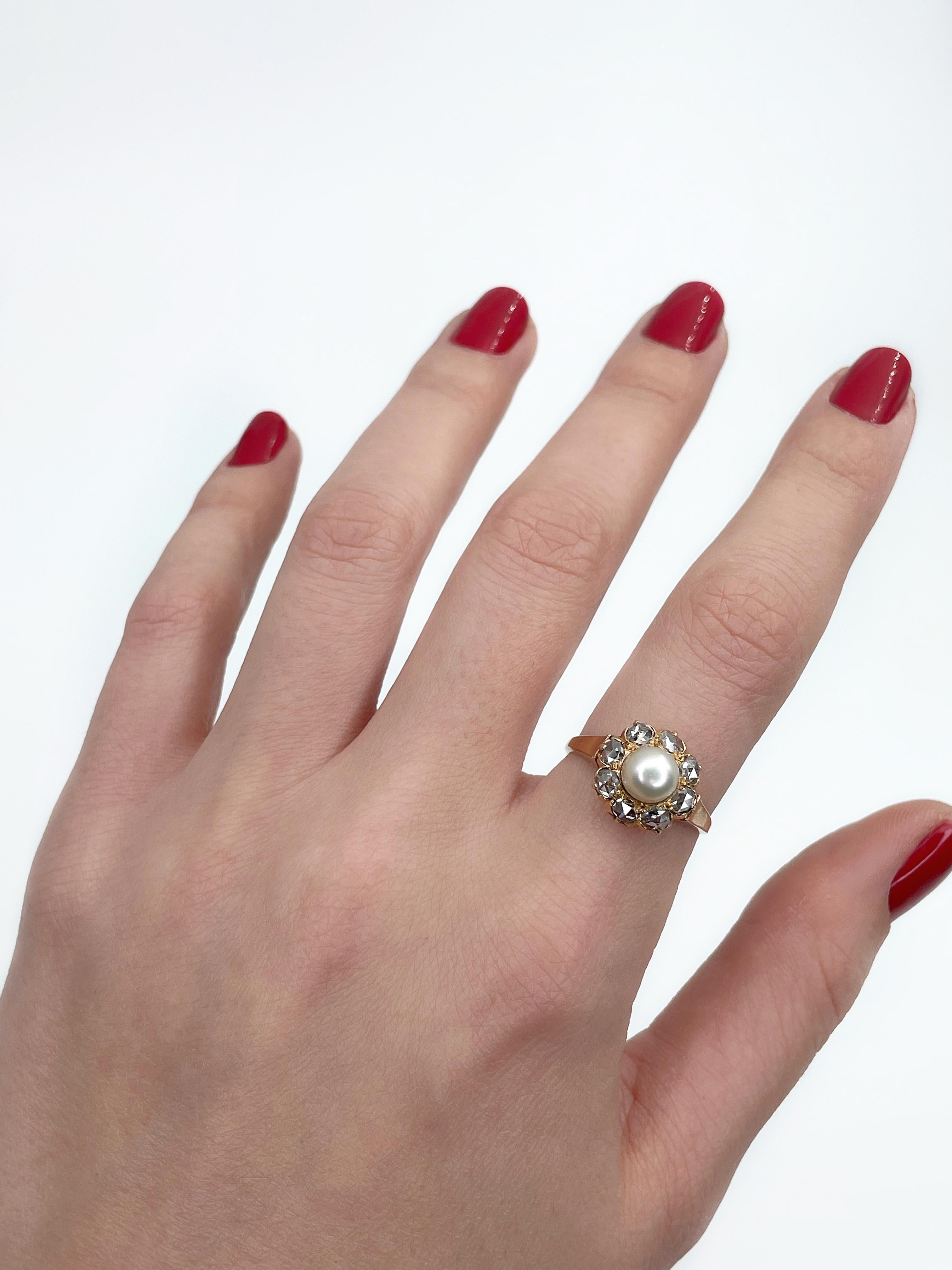 Antique Victorian 18 Karat Gold Pearl 0.40 Carat Rose Cut Diamond Cluster Ring 1