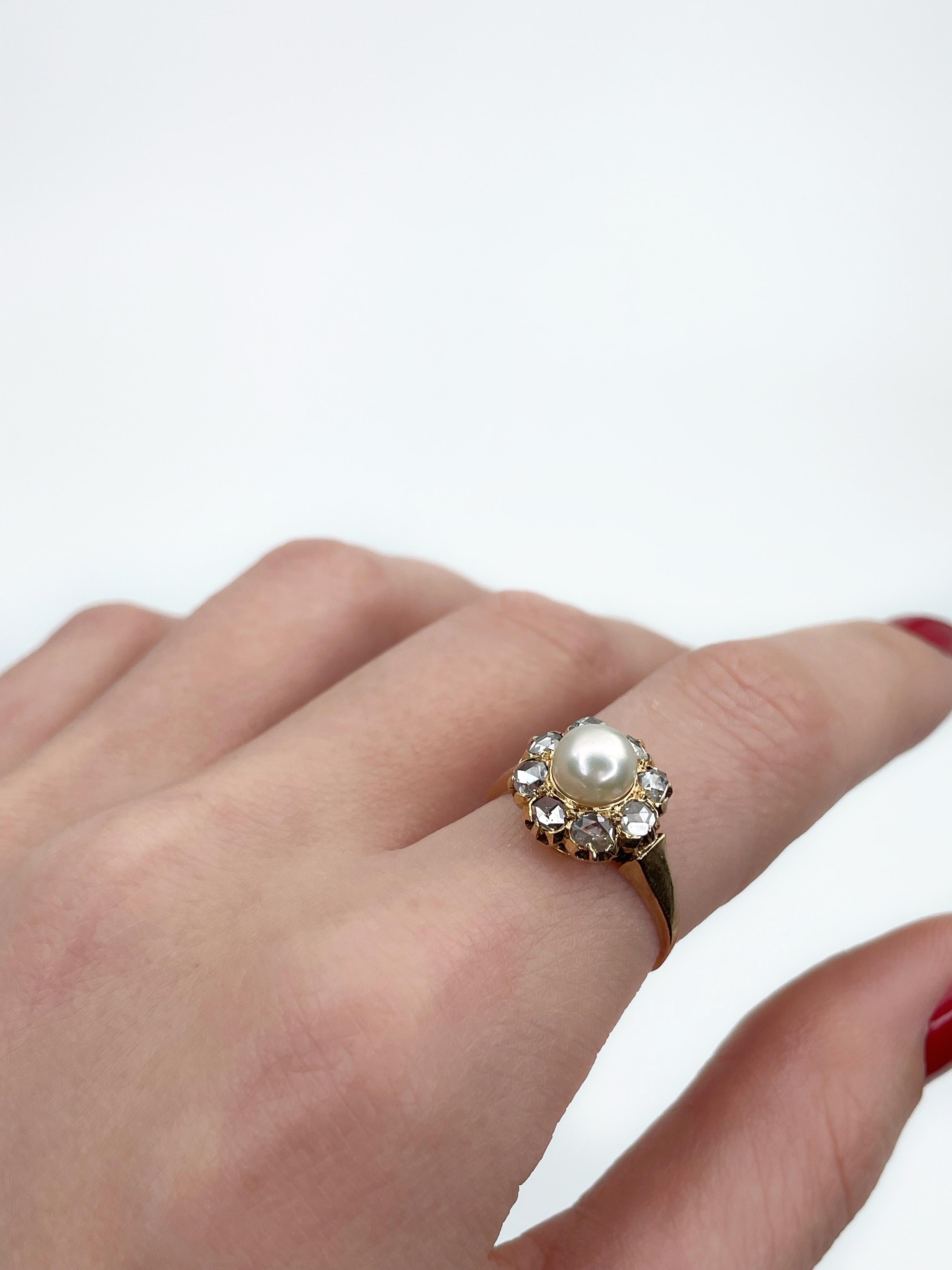 Antique Victorian 18 Karat Gold Pearl 0.40 Carat Rose Cut Diamond Cluster Ring 2