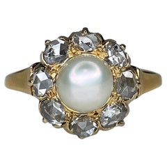 Antique Victorian 18 Karat Gold Pearl 0.40 Carat Rose Cut Diamond Cluster Ring