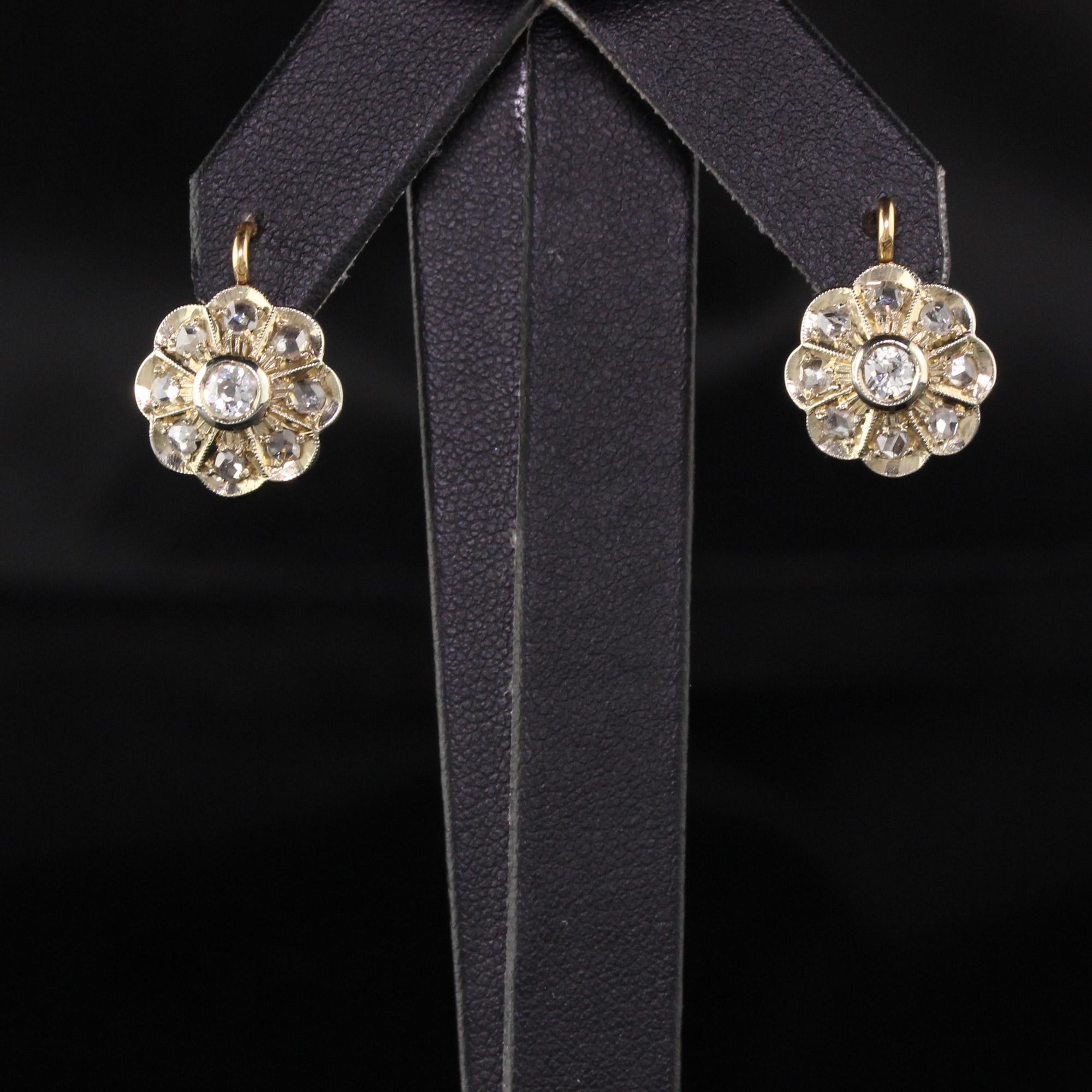 Old European Cut Antique Victorian 18 Karat Yellow Gold Platinum Top Diamond Cluster Earrings