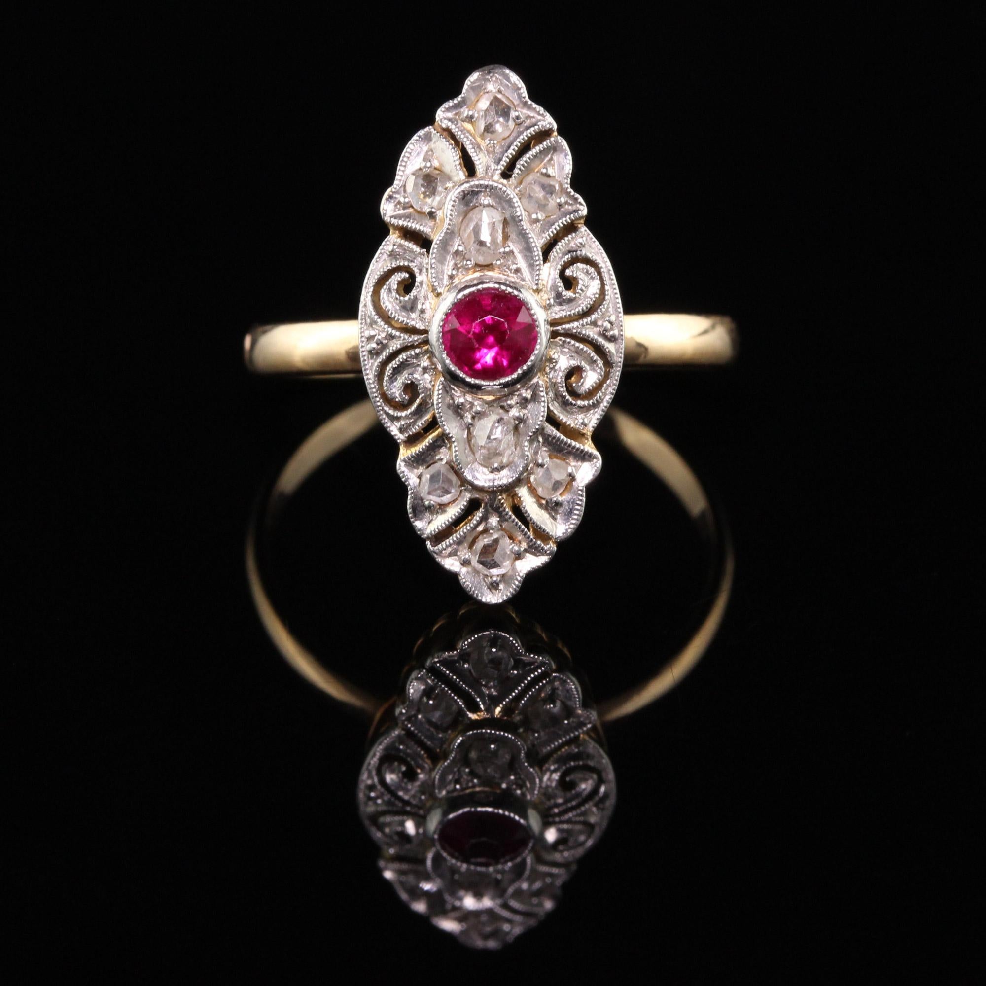 Antique Victorian 18k Yellow Gold Platinum Top Rose Cut Diamond and Ruby Ring In Good Condition For Sale In Great Neck, NY
