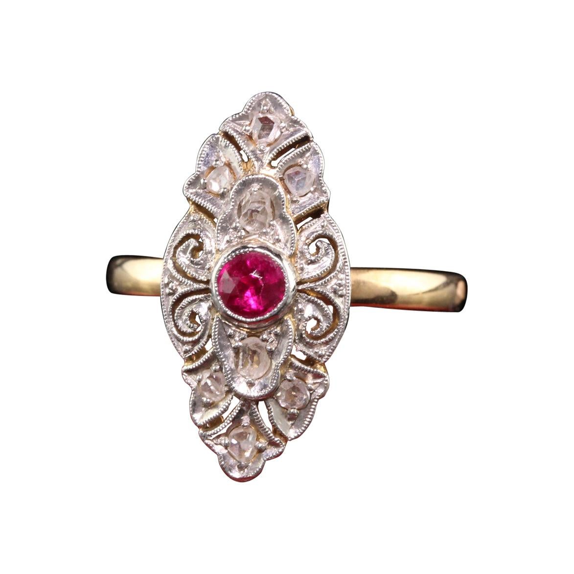 Antique Victorian 18k Yellow Gold Platinum Top Rose Cut Diamond and Ruby Ring For Sale