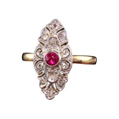 Bague victorienne ancienne en or jaune 18 carats et platine avec diamants taille rose et rubis