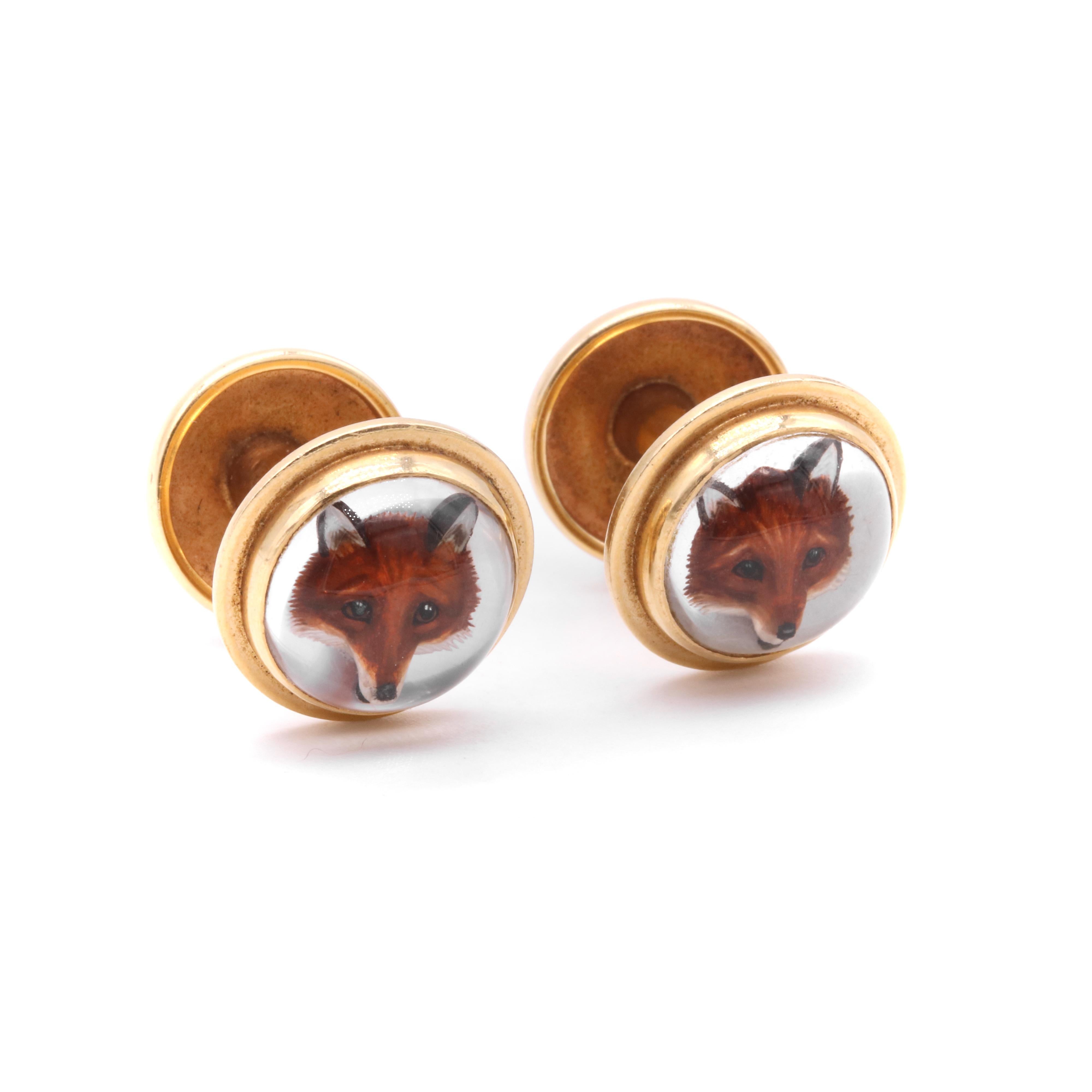 Cabochon Antique Victorian 18K Yellow Gold Reverse Carved Intaglio Fox Cufflinks For Sale