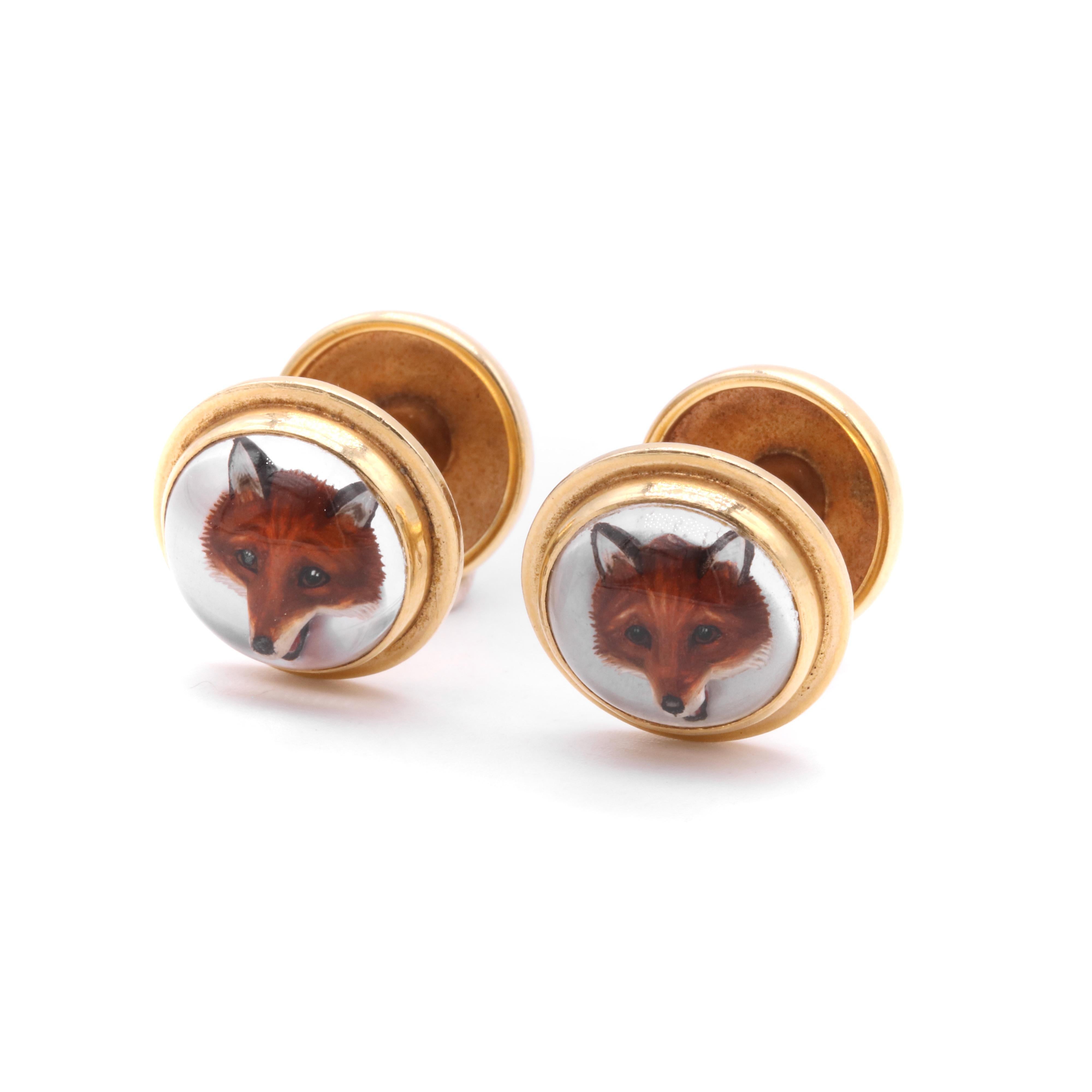 Antique Victorian 18K Yellow Gold Reverse Carved Intaglio Fox Cufflinks In Good Condition For Sale In Staines-Upon-Thames, GB
