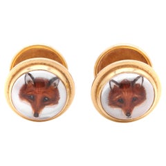 Antique Victorian 18K Yellow Gold Reverse Carved Intaglio Fox Cufflinks