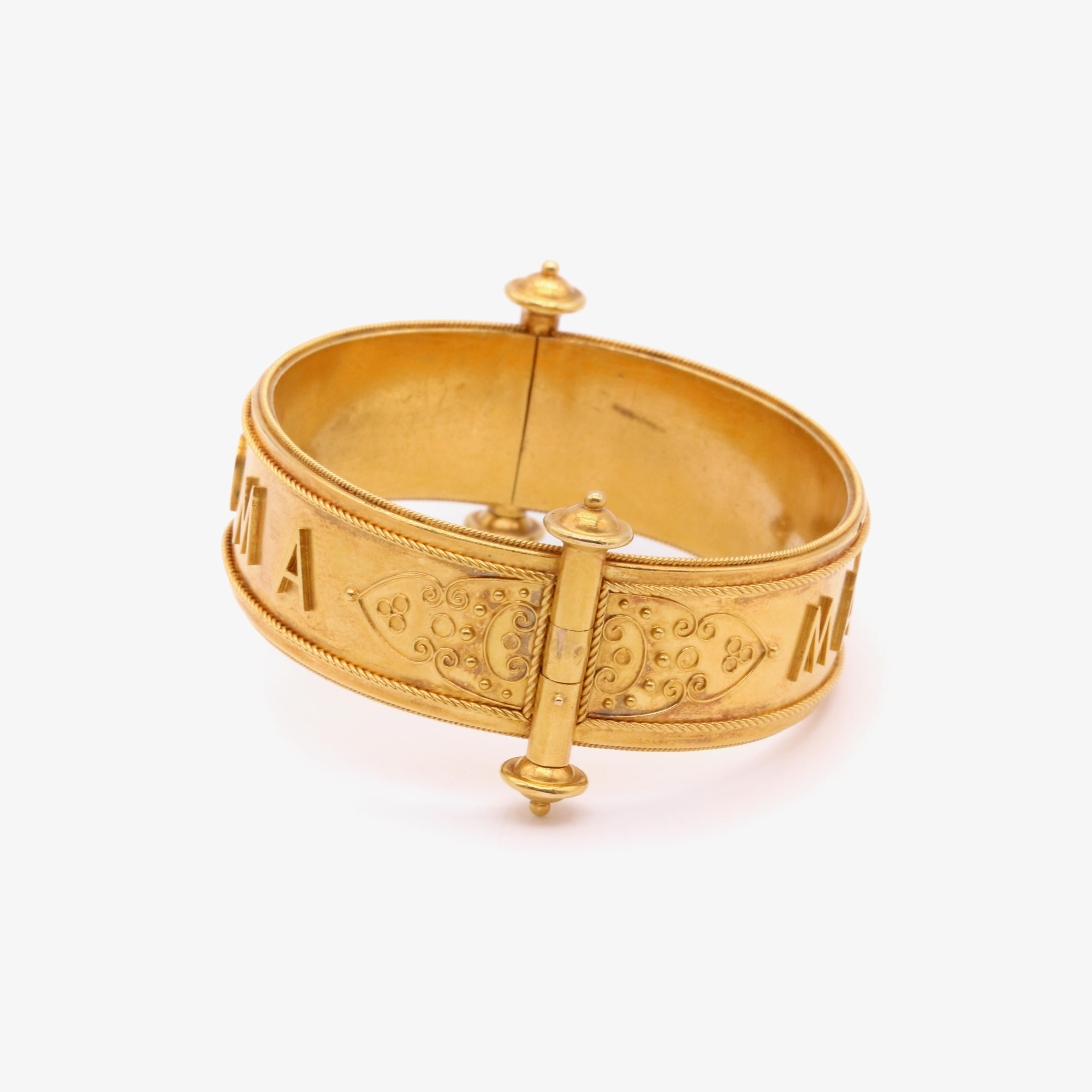 Antique Victorian 18K Yellow Gold ‘Roma’ Etruscan Revival Bangle, in Fitted Case For Sale 6