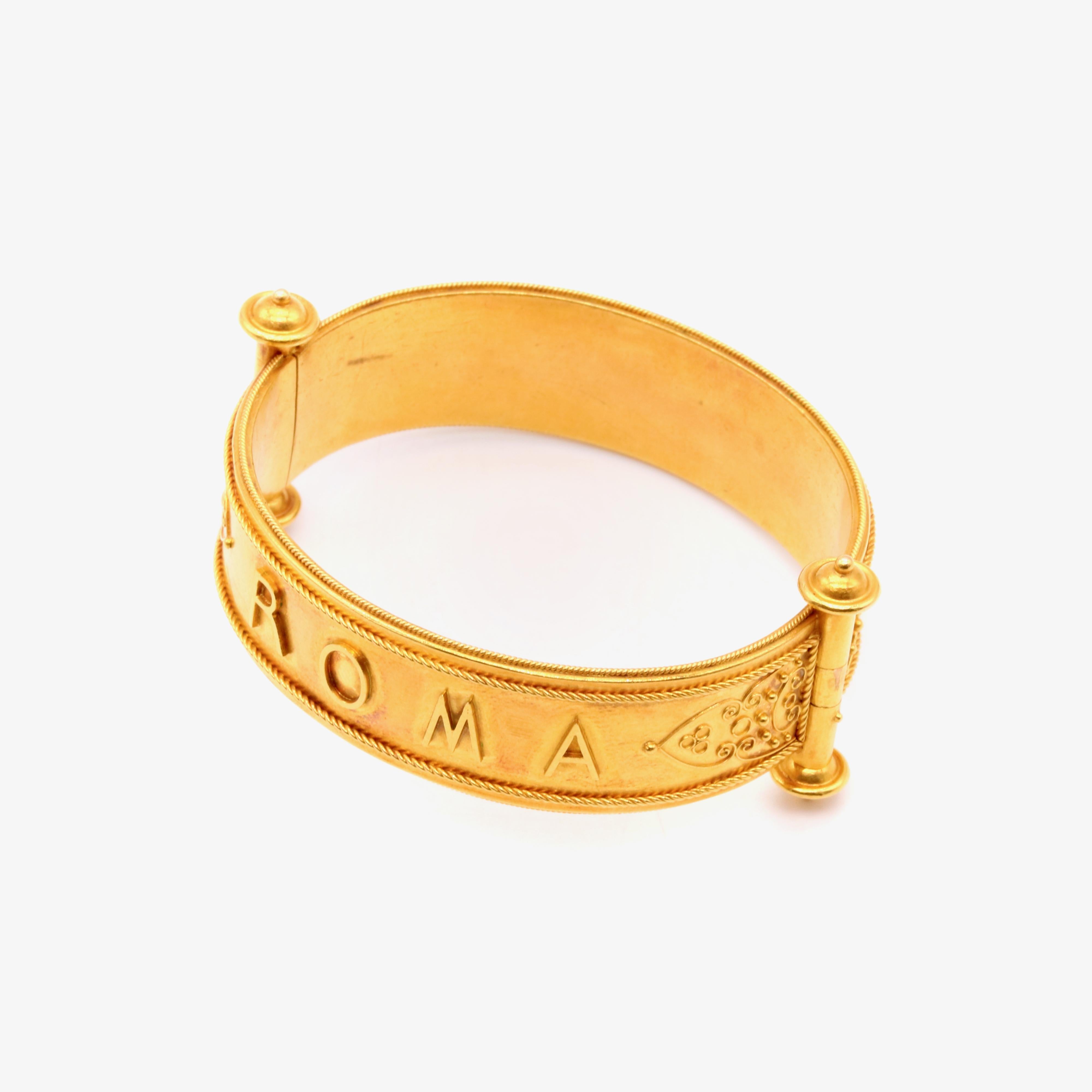 Antique Victorian 18K Yellow Gold ‘Roma’ Etruscan Revival Bangle, in Fitted Case For Sale 2