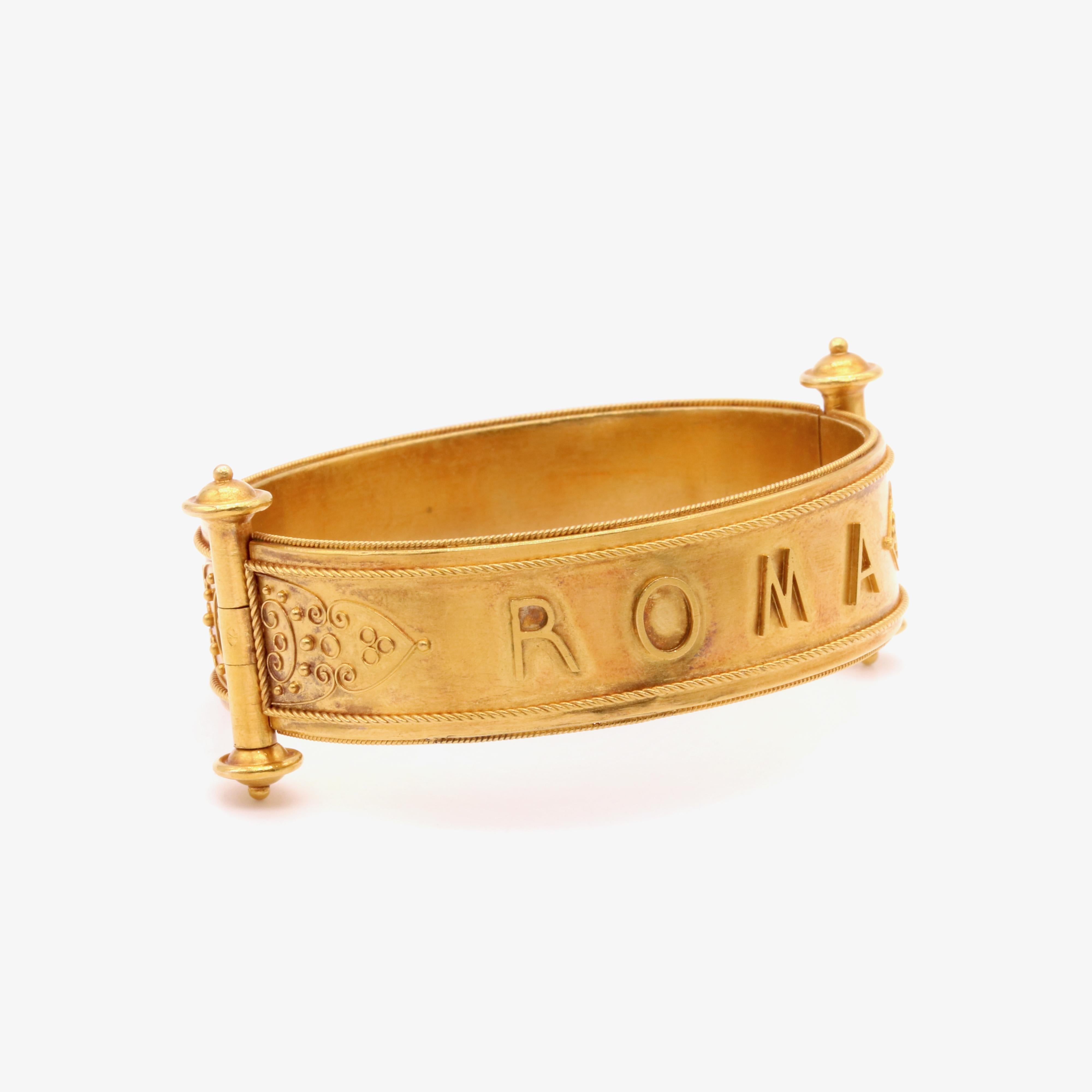 Antique Victorian 18K Yellow Gold ‘Roma’ Etruscan Revival Bangle, in Fitted Case For Sale 4