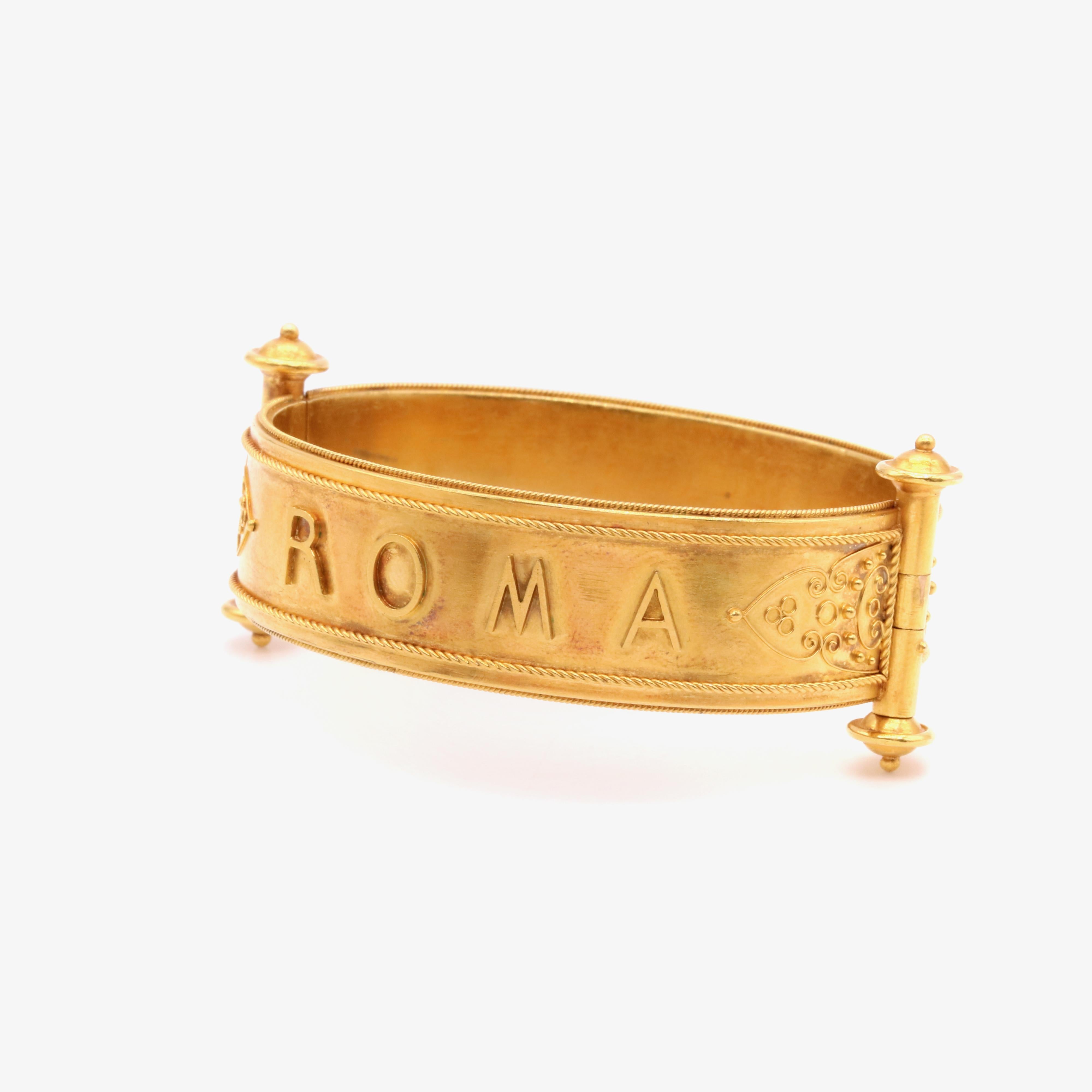 Antique Victorian 18K Yellow Gold ‘Roma’ Etruscan Revival Bangle, in Fitted Case For Sale 5