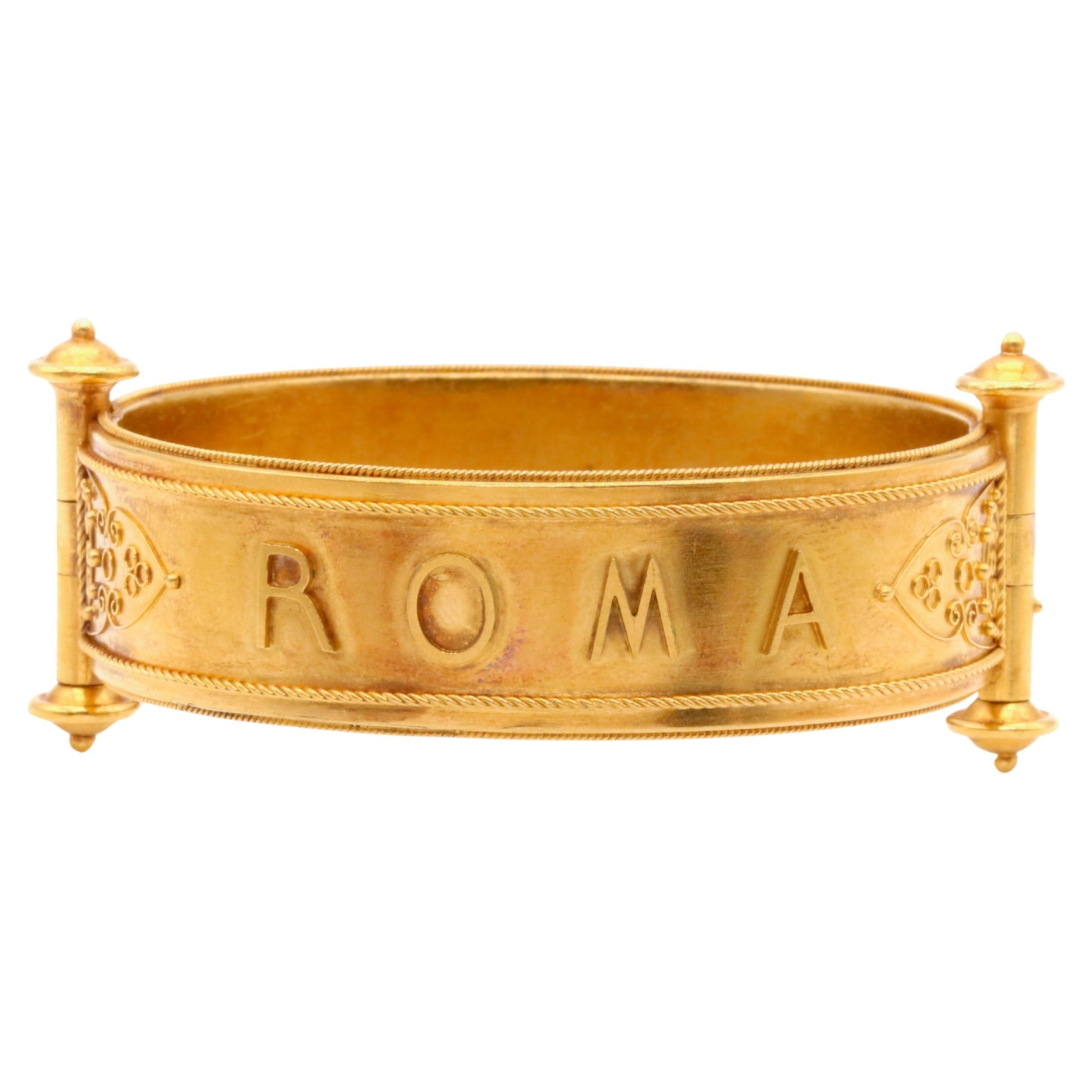 Antique Victorian 18K Yellow Gold ‘Roma’ Etruscan Revival Bangle, in Fitted Case