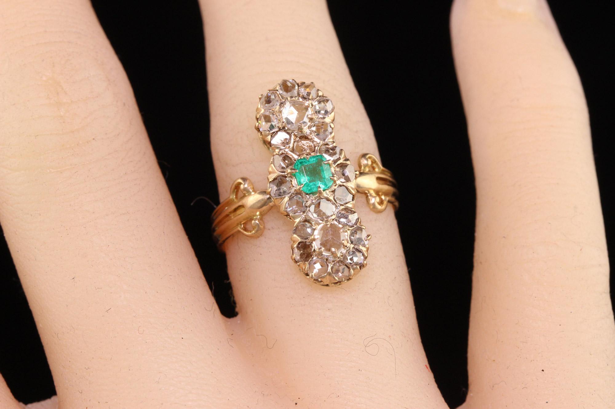 Antique Victorian 18k Yellow Gold Rose Cut Diamond and Emerald Shield Ring For Sale 1