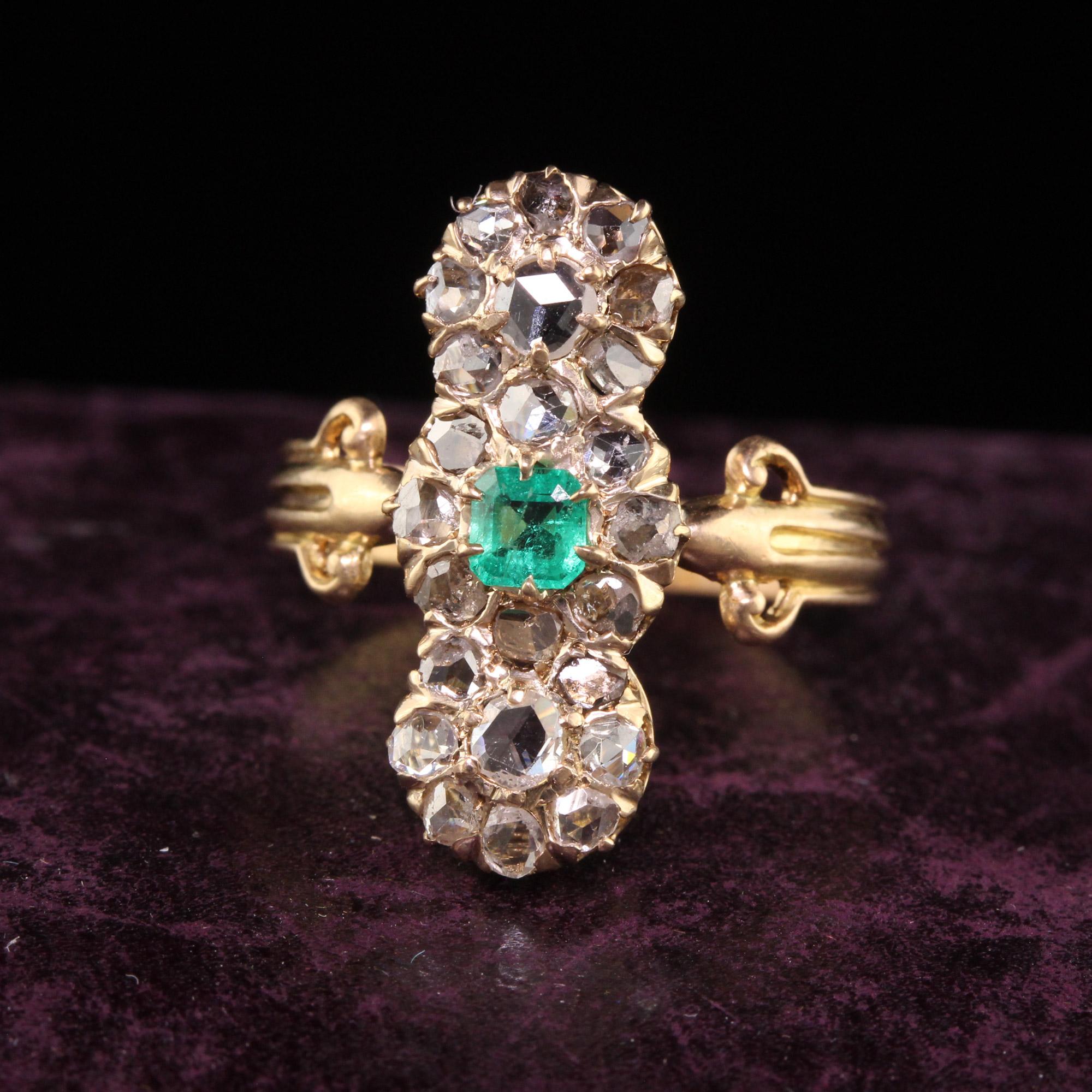 Antique Victorian 18k Yellow Gold Rose Cut Diamond and Emerald Shield Ring For Sale 2